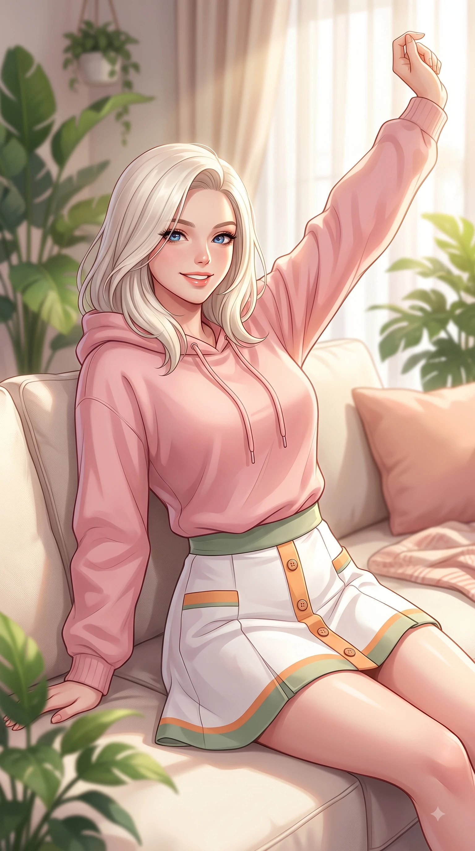 score_9, masterpiece, best quality, ultra-detailed, high-budget anime keyframe, editorial fashion photography, tasteful artistic composition, Caucasian woman. close-up cowboy shot from the waist and thighs up, the character dominates the composition, filling the frame with her large presence. Extending one arm in an elegant stretch toward the light while smiling with vibrant, youthful self-assurance while lounging comfortably on a soft cream sofa in a sunlit living room filled with indoor green plants. The composition keeps background elements in soft focus with dreamy bokeh. cozy pastel living room decor and soft textile textures blurred smoothly behind her. She has an exceptionally elegant, slender, and willowy female figure with an ultra-slim waist, a gracefully sculpted slender torso, and a refined silhouette. sharp v-shaped jawline, high-bridge nose, intricate jewel-like eyes with depth, thick eyelashes, glossy lips with a natural sheen, flawlessly proportioned anatomical accuracy, natural body alignment, perfectly sculpted elegant limbs, clean dynamic posture without body distortion. wearing a cozy pastel-pink hoodie sweater paired with a white tennis skirt in warm apricot and sage green, made of comfortable premium stretch denim and soft jersey, finished with neat front wooden buttons and pocket details, the chic real-way fashion cut emphasizing her effortless charm. bathed in soft, warm morning sunlight streaming through sheer curtains. highly saturated vibrant anime colors, detailed shading with soft gradients, rich glossy textures, high-contrast stereoscopic depth, volumetric dynamic lighting, master piece, 9:16 ratio