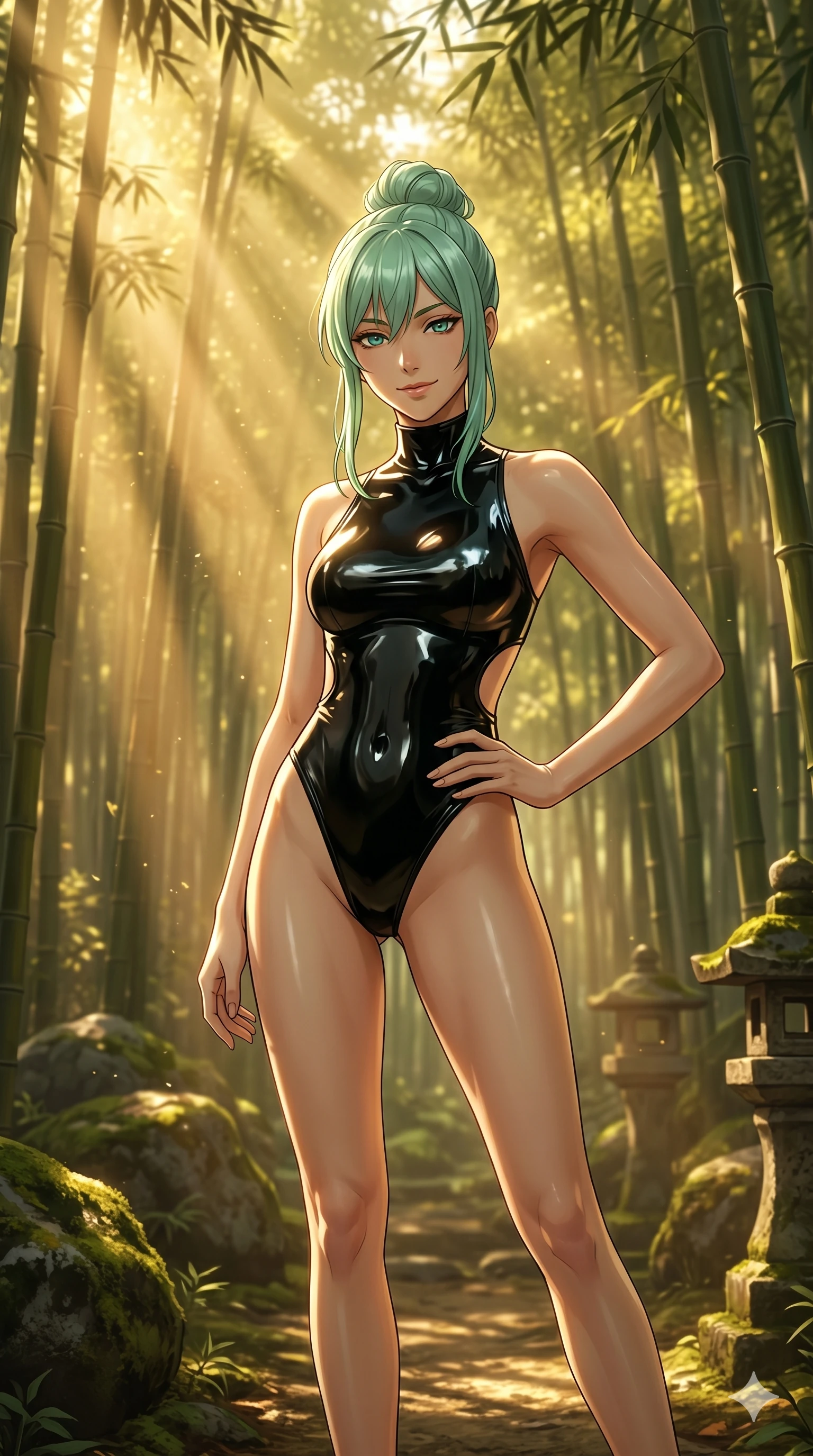score_9, masterpiece, best quality, ultra-detailed, high-budget anime keyframe, editorial fashion photography, tasteful artistic composition, Japanese woman. cowboy shot from the thighs up, character and outfit filling the frame for maximum editorial presence. resting her hand on her hip, looking at the viewer with a confident, bedroom-eyes smile inside a quiet bamboo grove illuminated by natural morning sunbeams (Code-P19-089). She has an absolutely perfect 8-heads proportion, an exceptionally tall and slender female figure with impossibly long slender legs and an ultra-slim waist. V-shaped jawline, high-bridge nose, intricate jewel-like eyes with depth, thick eyelashes, glossy lips with a natural sheen. wearing a wet-look bodysuit with high-cut lines and side cutout details in eco-nylon. brilliant golden rays from the sky, creating a warm glowing aura on her silhouette. 2k, ultra detail, master piece, 9:16 ratio