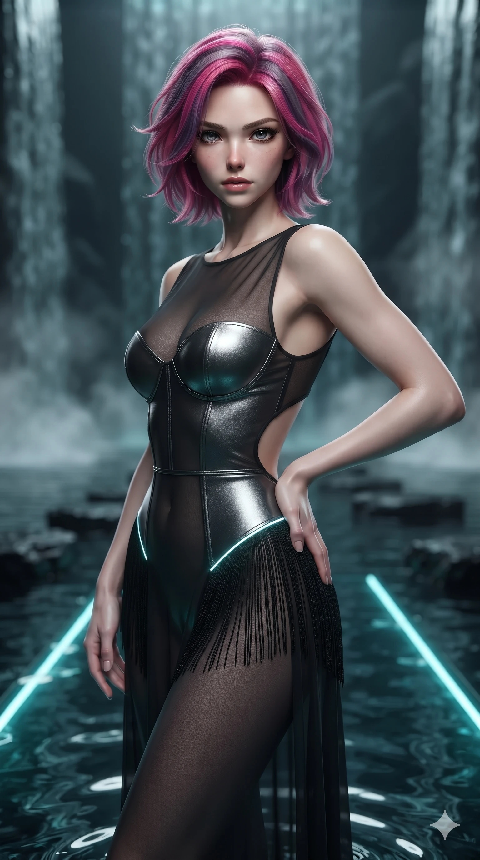 score_9, masterpiece, best quality, ultra-detailed, high-budget anime keyframe, editorial fashion photography, tasteful artistic composition, Caucasian woman. close-up cowboy shot from the waist and thighs up, the character dominates the composition, filling the frame with her large presence. holding a confident power pose with one hand on her hip, looking into the lens with smoldering intensity while twisting her slender torso in an alluring contrapposto stance above the dark waters, submerged linear LED lights contouring her waist and hips. The background shows a soft-focus vertical cascading water walls, floating black volcanic stone pathways, and rising water vapor blurred into charcoal, teal, and slate bokeh. She has an exceptionally elegant, slender, and willowy female figure with an ultra-slim waist, flat toned midriff, narrow ribcage, and sculpted feminine hips creating an alluring, slim hourglass silhouette without bulk. sharp v-shaped jawline, high-bridge nose, intricate jewel-like dark sparkling eyes with hypnotic seductive depth, thick curled eyelashes, glossy parted lips with a natural wine sheen, alluring bedroom-eyes with an enigmatic smoldering smile, exuding magnetic sovereign charisma and dark avant-garde glamour, flawlessly proportioned anatomical accuracy, strict slender model proportions, natural body alignment, perfectly sculpted long slender limbs, ultra-slim waistline, clean dynamic posture without body distortion. wearing a semi-opaque sheer dark chiffon gown revealing a structured bodice silhouette in metallic liquid silver and pitch black, woven from bespoke high-density barathea wool with refined ceremonial hold, finished with delicate jet-black micro-fringe fluttering softly along her hips with each step, the precision-cut side openings and low-back scoop framing her graceful spine and the sensual sweep of her slim, toned hips. bathed in dramatic submerged teal LED light wash cutting upward through crystalline dark water. ultra-reflective glossy finish, specular highlights, metallic sheen, high-contrast stereoscopic depth, volumetric dynamic lighting, 2k, ultra detail, master piece, 9:16 ratio