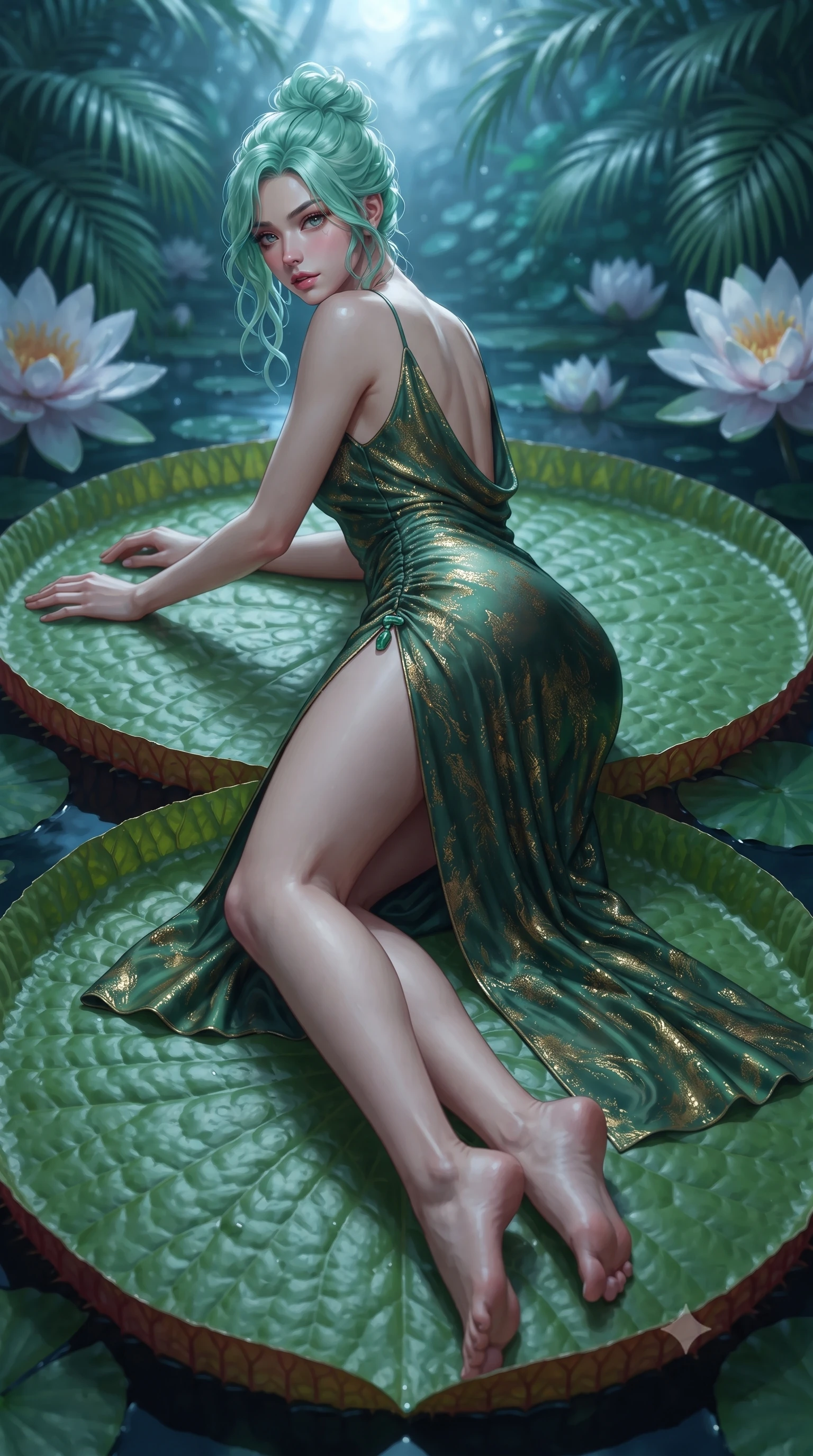 score_9, masterpiece, best quality, ultra-detailed, high-budget anime keyframe, editorial fashion photography, tasteful artistic composition, Japanese woman. low angle full-body shot from head to toe showing her feet, filling the entire 9:16 vertical frame with her statuesque presence, stretching her vertical silhouette. sitting perched on the elevated edge with hips angled toward the camera and legs crossed, displaying her toned midriff and flawlessly sculpted slender limbs while reclining face down atop a floating giant Victoria water lily pad with head turned toward the lens, legs playfully bent at the knees to highlight her hip silhouette. The composition keeps background elements in soft focus with creamy bokeh. towering exotic palm fronds and giant floating lily blossoms blurred into deep emerald, turquoise, and soft moonlight bokeh. She has an absolutely perfect, statuesque 8.5-heads proportion, an exceptionally tall and slender model-like female figure with impossibly long slender legs, a toned flat midriff, an ultra-slim waist, and beautifully sculpted feminine hips. sharp v-shaped jawline, high-bridge nose, intricate jewel-like eyes with depth, thick eyelashes, glossy parted lips with a natural sheen, intensely captivating and seductive bedroom-eyes expression, flawlessly proportioned anatomical accuracy, strict slender model proportions, natural body alignment, perfectly sculpted long slender limbs, ultra-slim waistline, clean dynamic posture without body distortion. wearing a wet-look emerald silk slip dress with an ultra-deep cowl back and hip-defining side ruching in deep moss green and shimmering gold foil, woven from fine organic mulberry silk with metallic gold thread, finished with an ultra-high side slit secured by miniature jade clasps, the form-contouring material adhering flawlessly to her sculpted flat midriff and slender torso, emphasizing her long leg lines and perfectly proportioned willowy build. bathed in cool silver moonlight filtering through the glass dome and warm underwater pool uplights. ultra-reflective glossy finish, specular highlights, rich textural contrasts, high-contrast stereoscopic depth, volumetric dynamic lighting, 2k, ultra detail, master piece, 9:16 ratio