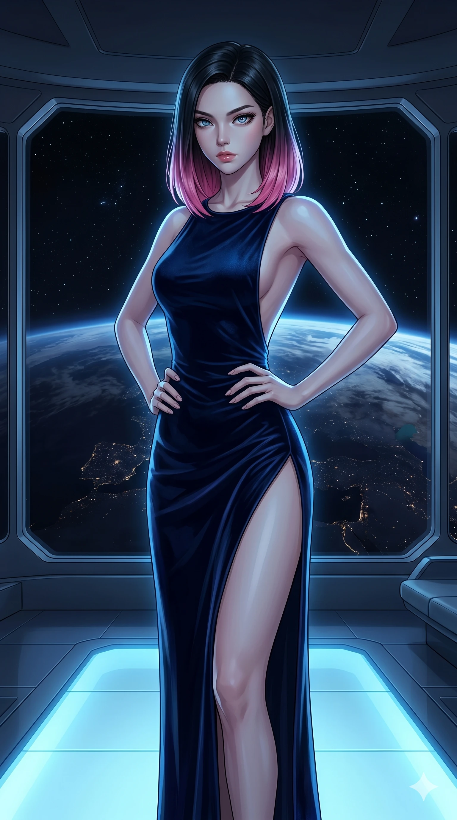score_9, masterpiece, best quality, ultra-detailed, high-budget anime keyframe, editorial fashion photography, tasteful artistic composition, Korean woman. cowboy shot from the thighs up, character and outfit filling the frame for maximum editorial presence. holding a confident power pose with both hands on her hips, her eyes staring down the viewer with icy coldness at a VIP lounge of an orbital space station overlooking the dark Earth (Scenario Code H-77). She has an absolutely perfect 8-heads proportion, an exceptionally tall and slender female figure with impossibly long slender legs and an ultra-slim waist. V-shaped jawline, high-bridge nose, intricate jewel-like eyes with depth, thick eyelashes, glossy lips with a natural sheen. wearing a floor-length dark velvet gown with a daring high side slit to the hip and a completely scooped open-back. lit by a cool blue bioluminescent glow from below, highlighting her jawline and shoulders. 2k, ultra detail, master piece, 9:16 ratio