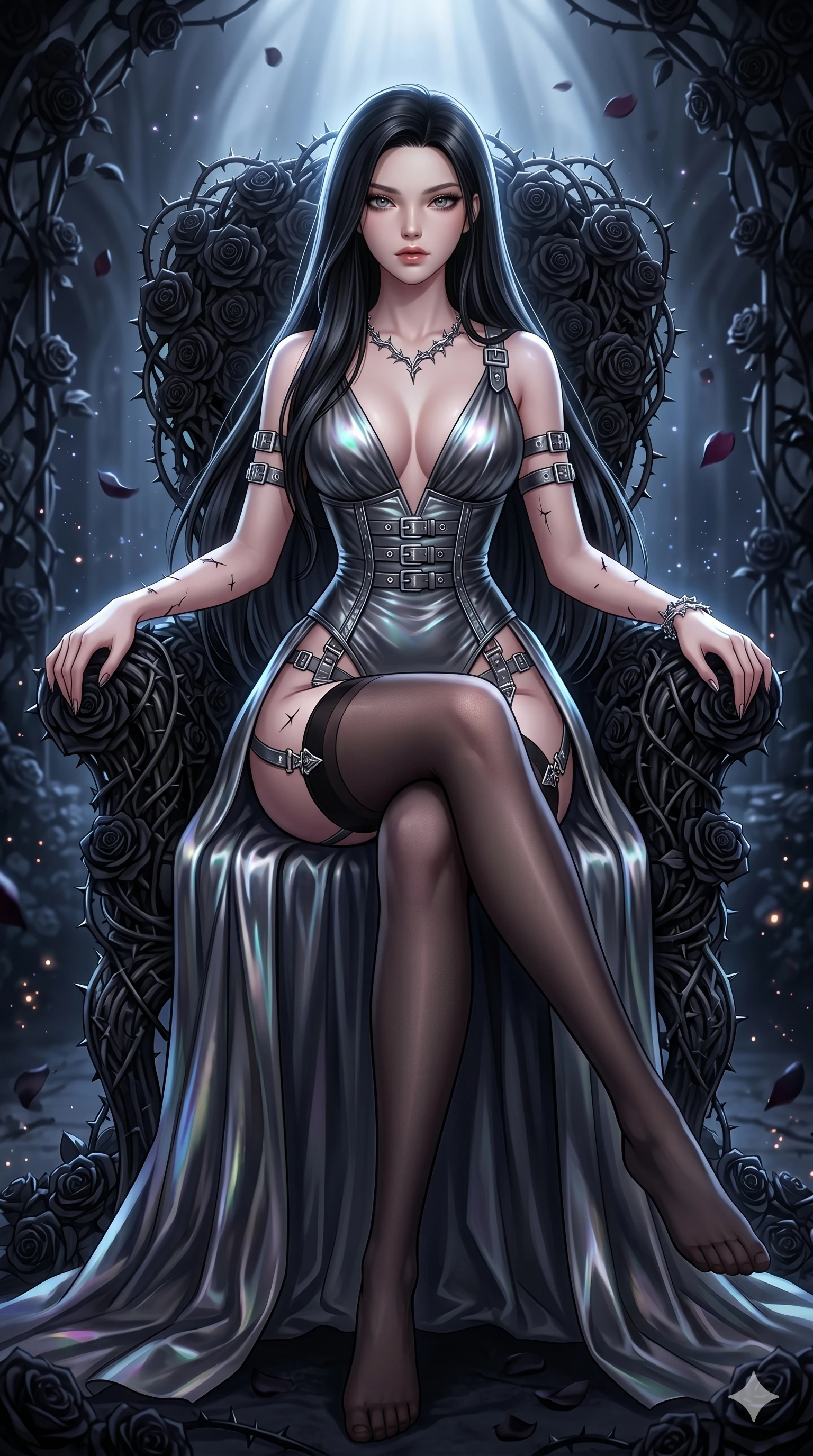 score_9, masterpiece, best quality, ultra-detailed, High-budget Anime Keyframe, East Asian woman. Dynamic full-body shot stretching the vertical silhouette to the limit. Scenario 120: Resting on a throne of black roses, thorns grazing her skin. Her presence is magnetic and overpowering in this high-budget anime scene. Outfit 120: A molten liquid silk garter with a plunging V-neckline and metallic buckles. The clothing is designed to emphasize her exceptionally tall and slender 8-heads proportion. 8-heads proportion, towering silhouette, ultra-slim waist. sharp v-shaped jawline, intricate jewel-like eyes with depth, thick eyelashes, glossy lips. 2k, ultra detail, master piece, 9:16 ratio