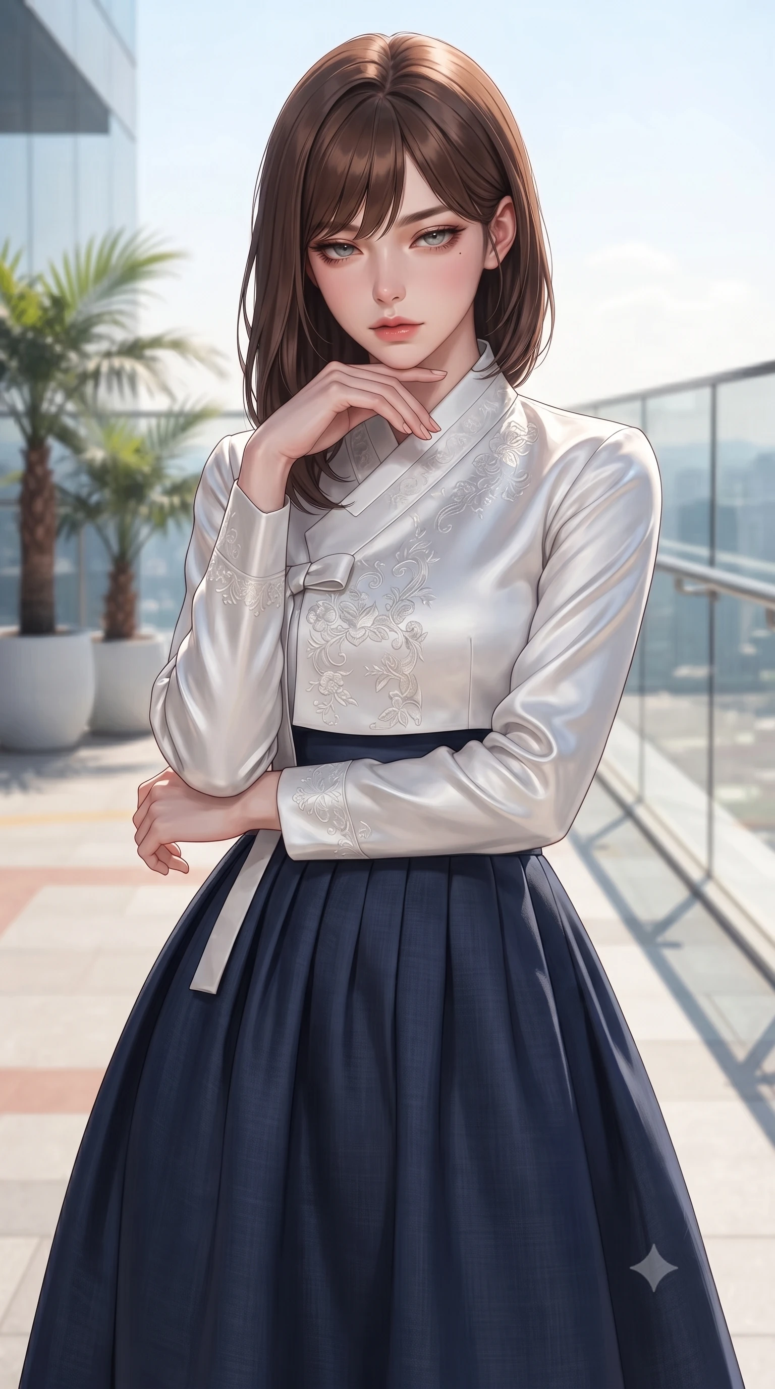 score_9, masterpiece, best quality, ultra-detailed, high-budget anime keyframe, editorial fashion photography, tasteful artistic composition, Korean woman. close-up cowboy shot from the waist and thighs up, the character dominates the composition, filling the frame with her large presence, background elements kept in soft focus. resting her chin on the backs of her fingers, casting a heavy-lidded, sultry look past the camera the background shows a soft-focus a high-rise helipad balcony decorated with potted palms and glass railings. She has an exceptionally elegant, slender, and willowy female figure with an ultra-slim waist, a gracefully sculpted slender torso, and a refined silhouette. sharp v-shaped jawline, high-bridge nose, intricate jewel-like eyes with depth, thick eyelashes, glossy lips with a natural sheen. wearing a tailored modern fusion hanbok dress with a navy blue linen skirt and a high-neck white silk jeogori wrapper. bright morning sun rays creating fresh and energetic shadows. ultra-reflective glossy finish, specular highlights, metallic sheen, high-contrast stereoscopic depth, volumetric dynamic lighting, 2k, ultra detail, master piece, 9:16 ratio