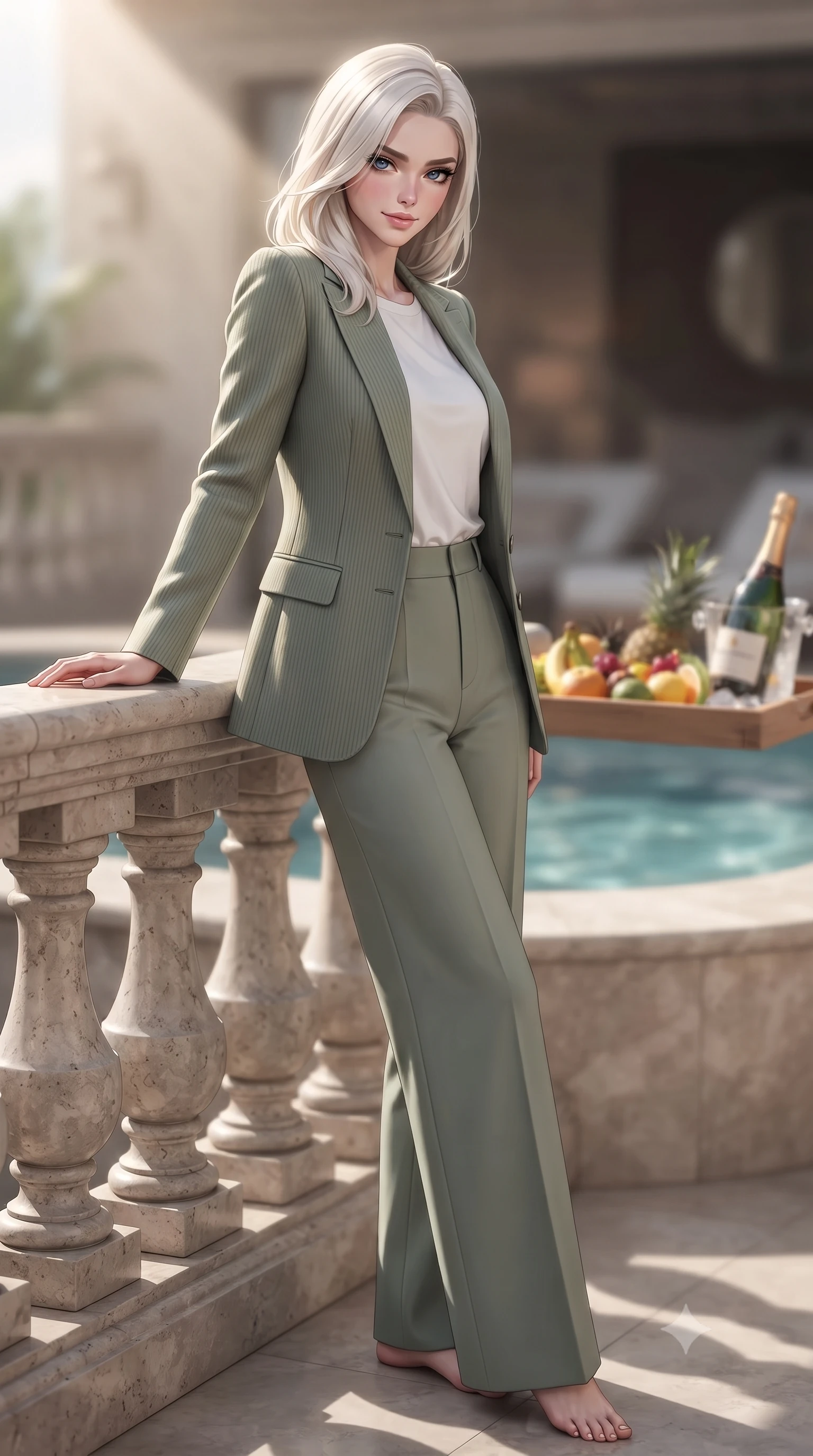 score_9, masterpiece, best quality, ultra-detailed, high-budget anime keyframe, editorial fashion photography, tasteful artistic composition, Caucasian woman. low angle full-body shot from head to toe showing her feet, filling the entire 9:16 vertical frame with her statuesque presence, stretching her vertical silhouette. leaning gracefully against the balcony railing with an alluring smile, casting a smoldering side-glance over her bare shoulder set against a soft-focus background of inside an exclusive vanity suite with a floating pool tray of tropical fruits and chilled wine in soft focus. She has an absolutely perfect, statuesque 8.5-heads proportion, an exceptionally tall and slender model-like female figure with impossibly long slender legs and an ultra-slim waist. sharp v-shaped jawline, high-bridge nose, intricate jewel-like eyes with depth, thick eyelashes, glossy lips with a natural sheen. wearing form-contouring sage green ribbed cashmere tailored casual blazer paired with a loose tee and wide-leg trousers featuring refined tailored seams. accented by a single dramatic key light highlighting her statuesque posture and slim waist. ultra-reflective glossy finish, specular highlights, metallic sheen, high-contrast stereoscopic depth, volumetric dynamic lighting, 2k, ultra detail, master piece, 9:16 ratio