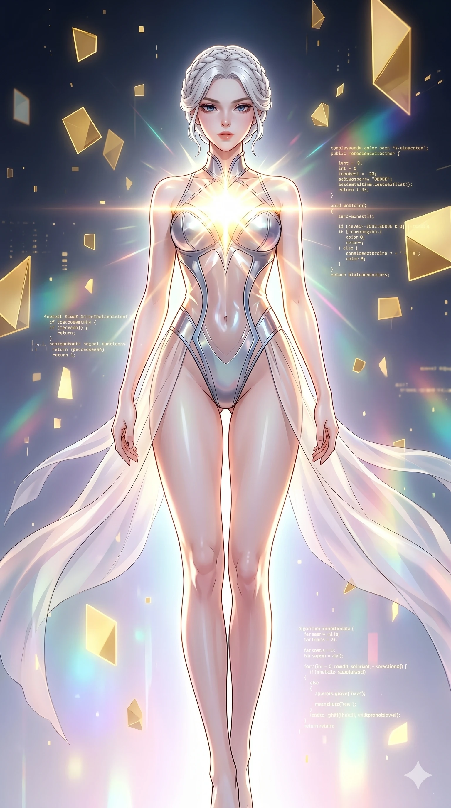 score_9, masterpiece, best quality, ultra-detailed, High-budget Anime Keyframe, vibrant colors, fluid line-art, expressive lighting, cinematic composition, Ufotable-style visual effects, top-tier animation quality, Korean woman with idol-like refined features. Dramatic low angle looking up at her majestic stature, dominating the vertical space of the composition. Absorbing the raw power of a dying star into her chest, her body glowing with an intense, blinding radiance. She has an absolutely perfect 8-heads proportion, an exceptionally tall and slender female figure with impossibly long slender legs and an ultra-slim waist, her statuesque height and towering silhouette dominating the vertical 9:16 frame. Her face is a masterpiece featuring a sharp v-shaped jawline, high-bridge nose, intricate jewel-like eyes with depth, thick eyelashes, and glossy lips with a natural sheen. She is wearing a High-cut leotard with metallic plating and translucent PVC panels on the sides crafted from Sheer silk that is almost transparent, flowing like water around her statuesque frame, with sheer fabric transparency over her delicate curves and a high-cut silhouette. The scene is set in an abstract digital void with floating golden geometric shapes and rivers of flowing code, illuminated by soft bioluminescent glow from the environment casting ethereal colors on her skin. 2k, ultra detail, master piece, 9:16 ratio
