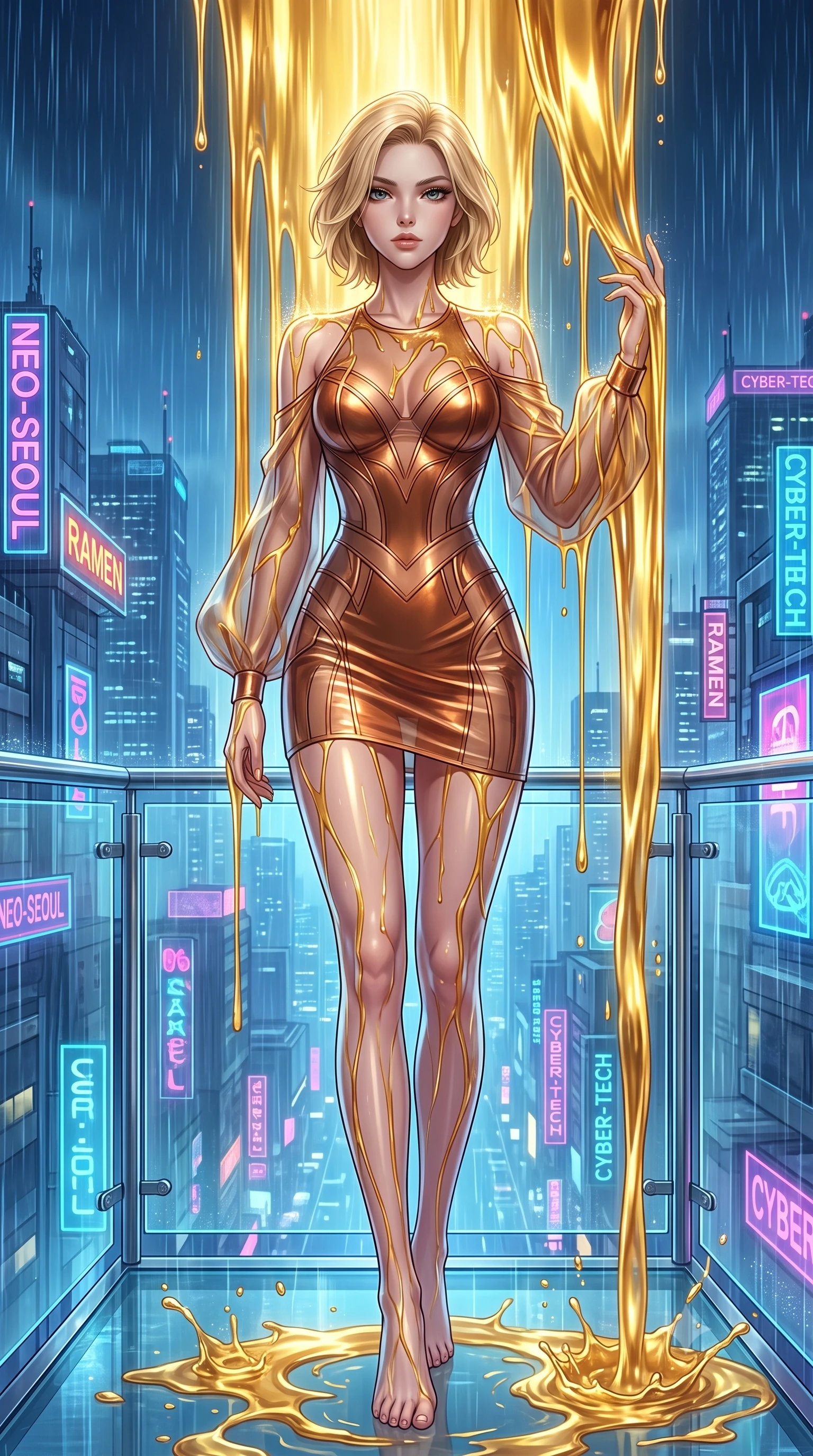 score_9, masterpiece, best quality, ultra-detailed, High-budget Anime Keyframe, Caucasian woman, strictly human ears. Low angle cowboy shot filling the entire 9:16 frame with her statuesque presence. Scenario 495: standing under a waterfall of liquid gold, the fluid coating her form, in a minimalist glass balcony overlooking a rainy cyberpunk megacity. Her presence is magnetic and overpowering in this high-budget anime scene. Outfit 495: a form-contouring metallic copper sheer organza mini dress with sheer sleeves and opaque panels. The clothing is designed to emphasize her exceptionally tall and slender 8-heads proportion. 8-heads proportion, towering silhouette, ultra-slim waist. sharp v-shaped jawline, intricate jewel-like eyes with depth, thick eyelashes, glossy lips. 2k, ultra detail, master piece, 9:16 ratio