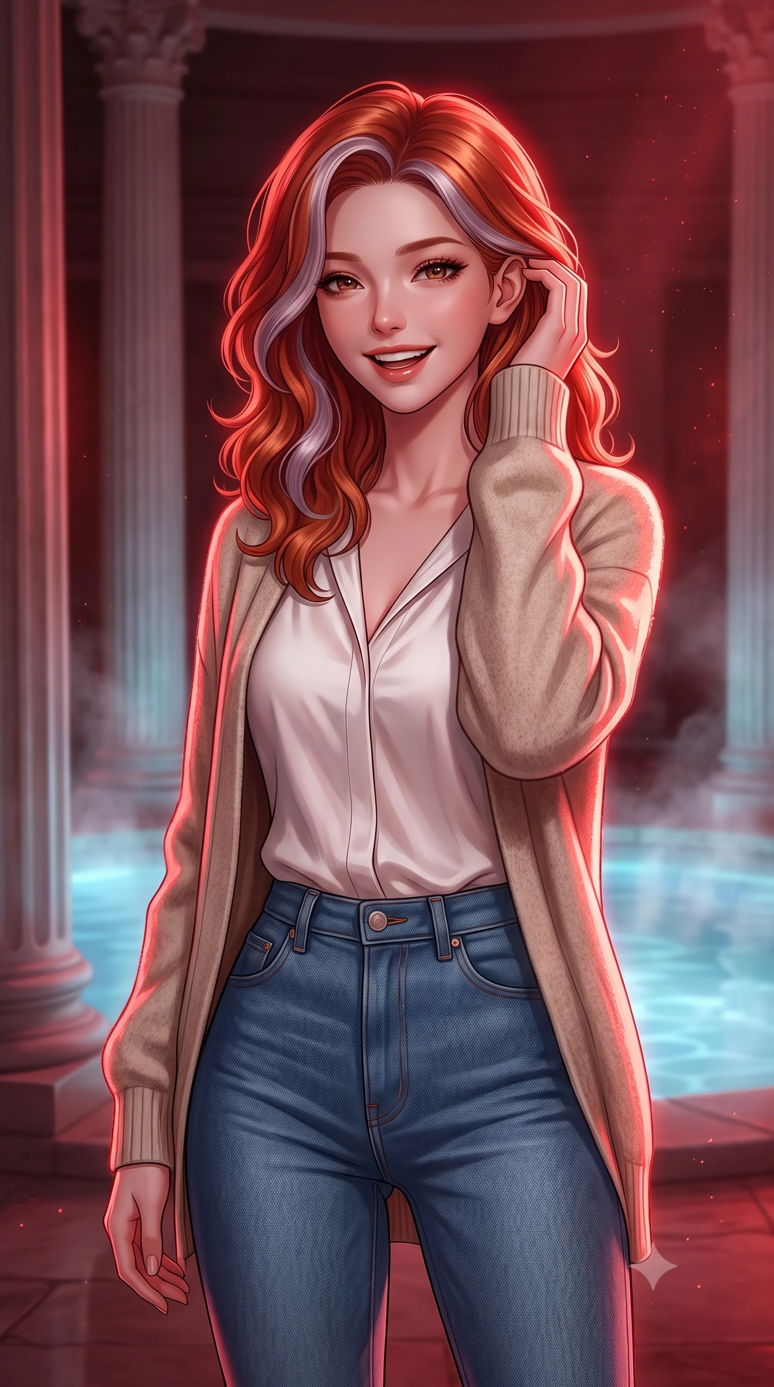 score_9, masterpiece, best quality, ultra-detailed, high-budget anime keyframe, editorial fashion photography, tasteful artistic composition, Caucasian woman, strictly human ears. close-up cowboy shot from the waist and thighs up, the character dominates the composition, filling the frame with her large presence, background elements kept in soft focus. Laughing softly while brushing a strand of hair behind her ear. set against a soft-focus background of inside a grand roman bath chamber with columns of white travertine, the steaming thermal waters glowing with an opaline blue light. She has an exceptionally elegant, slender, and willowy female figure with a highly-defined ultra-slim waist, a gracefully sculpted slender torso, and a refined slim-fit silhouette that contours her form. sharp v-shaped jawline, high-bridge nose, intricate jewel-like eyes with depth, thick eyelashes, glossy lips with a natural sheen. wearing a soft oatmeal wool cardigan over a white silk blouse and high-waisted denim trousers. deep crimson theatrical lighting with sharp specular highlights on every curve. 2k, ultra detail, master piece, 9:16 ratio