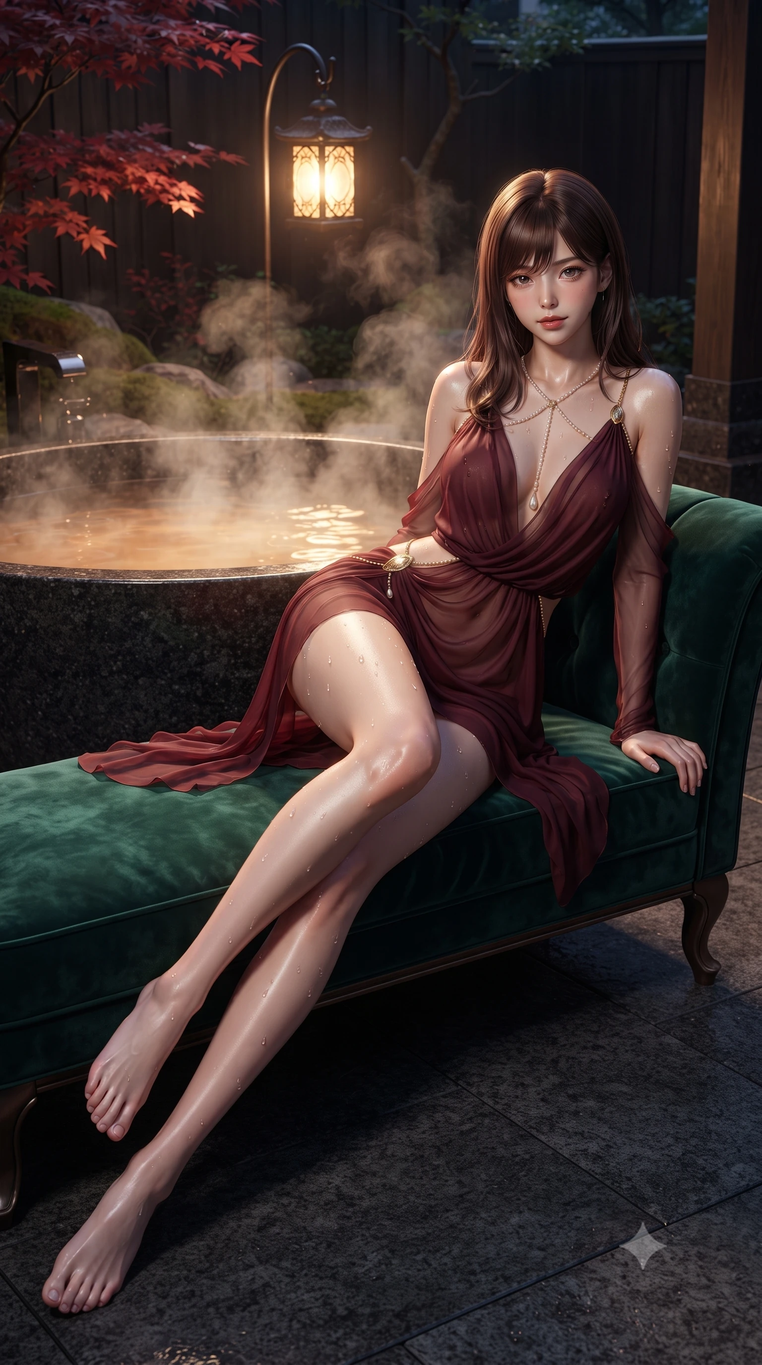 score_9, masterpiece, best quality, ultra-detailed, high-budget anime keyframe, editorial fashion photography, tasteful artistic composition, Korean woman. low angle full-body shot from head to toe showing her feet, filling the entire 9:16 vertical frame with her statuesque presence, stretching her vertical silhouette. reclining gracefully across the plush chaise lounge with one leg extended, her sculpted silhouette and flat midriff radiating magnetic nocturnal glamour while leaning against the volcanic boulder tub rim with hips cocked back, looking through rising mineral steam with intoxicating bedroom-eyes. The surrounding environment is rendered in vivid detail and crisp panoramic clarity: sharp flamed black granite stone texture, delicate red maple leaf veins, and water meniscus on dewy skin in deep focus. She has an absolutely perfect, statuesque 8.5-heads proportion, an exceptionally tall and slender model-like female figure with impossibly long slender legs, an ultra-slim waist, a flat toned midriff, narrow delicate ribcage, and beautifully sculpted feminine hips creating a graceful, slim hourglass silhouette without any bulky heaviness. sharp v-shaped jawline, high-bridge nose, sparkling eyes with hypnotic seductive depth, thick curled eyelashes, glossy parted lips with a natural dewy peach sheen, alluring bedroom-eyes with an enchanting coquettish smile, exuding magnetic siren charisma and sophisticated glamour, flawlessly proportioned anatomical accuracy, strict slender model proportions, natural body alignment, perfectly sculpted long slender limbs, ultra-slim waistline, clean dynamic posture without body distortion. wearing a draped Greek-goddess style silk chiffon mini toga dress with an open back and golden hip fibula in Belle Époque bordeaux and gilded 24k gold, made of sheer gossamer chiffon that drapes softly against skin with airy translucence, accented with a pearl-drop body harness subtly framing her dewy collarbones and spine, the glove-like clinging cut tightly following the natural contour of her hips and long slender legs with youthful 8.5-heads elegance. bathed in warm underwater thermal tub illumination paired with amber courtyard lantern glow. ultra-reflective glossy finish, specular highlights, rich textural contrasts, high-contrast stereoscopic depth, volumetric dynamic lighting, 2k, ultra detail, master piece, 9:16 ratio