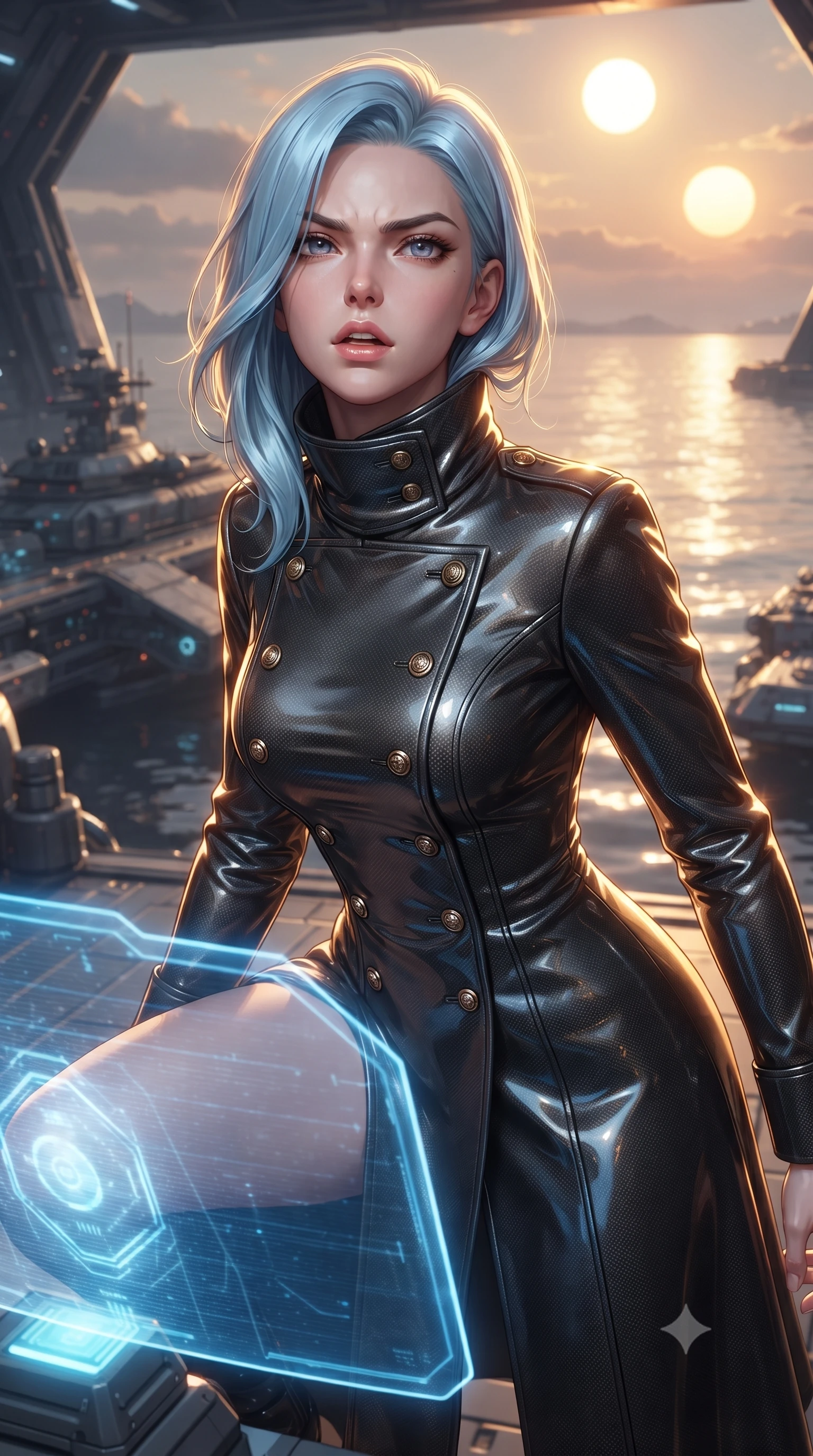 score_9, masterpiece, best quality, ultra-detailed, high-budget anime keyframe, editorial fashion photography, tasteful artistic composition, Korean woman. close-up cowboy shot from the waist and thighs up, the character dominates the composition, filling the frame with her large presence, background elements kept in soft focus. crouching slightly behind a glowing holographic shield emitter, looking up with defiance and lips slightly parted, the background shows a soft-focus a research vessel deck docked in a bay of liquid mercury under a binary sun. She has an exceptionally elegant, slender, and willowy female figure with an ultra-slim waist, a gracefully sculpted slender torso, and a refined silhouette. sharp v-shaped jawline, high-bridge nose, intricate jewel-like eyes with depth, thick eyelashes, glossy lips with a natural sheen. wearing a slim-fit tailored carbon-weave military dress coat with double-breasted brass buttons and a stiff high-collar wrap. brilliant golden hour sunset tracing her carbon-armor silhouette with a gold rim. ultra-reflective glossy finish, specular highlights, metallic sheen, high-contrast stereoscopic depth, volumetric dynamic lighting, 2k, ultra detail, master piece, 9:16 ratio