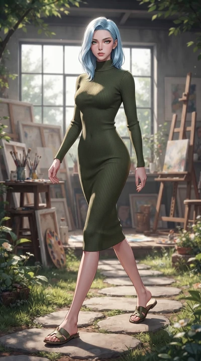 score_9, masterpiece, best quality, ultra-detailed, high-budget anime keyframe, editorial fashion photography, tasteful artistic composition, Korean woman woman. low angle full-body shot from head to toe showing her feet, filling the entire 9:16 vert