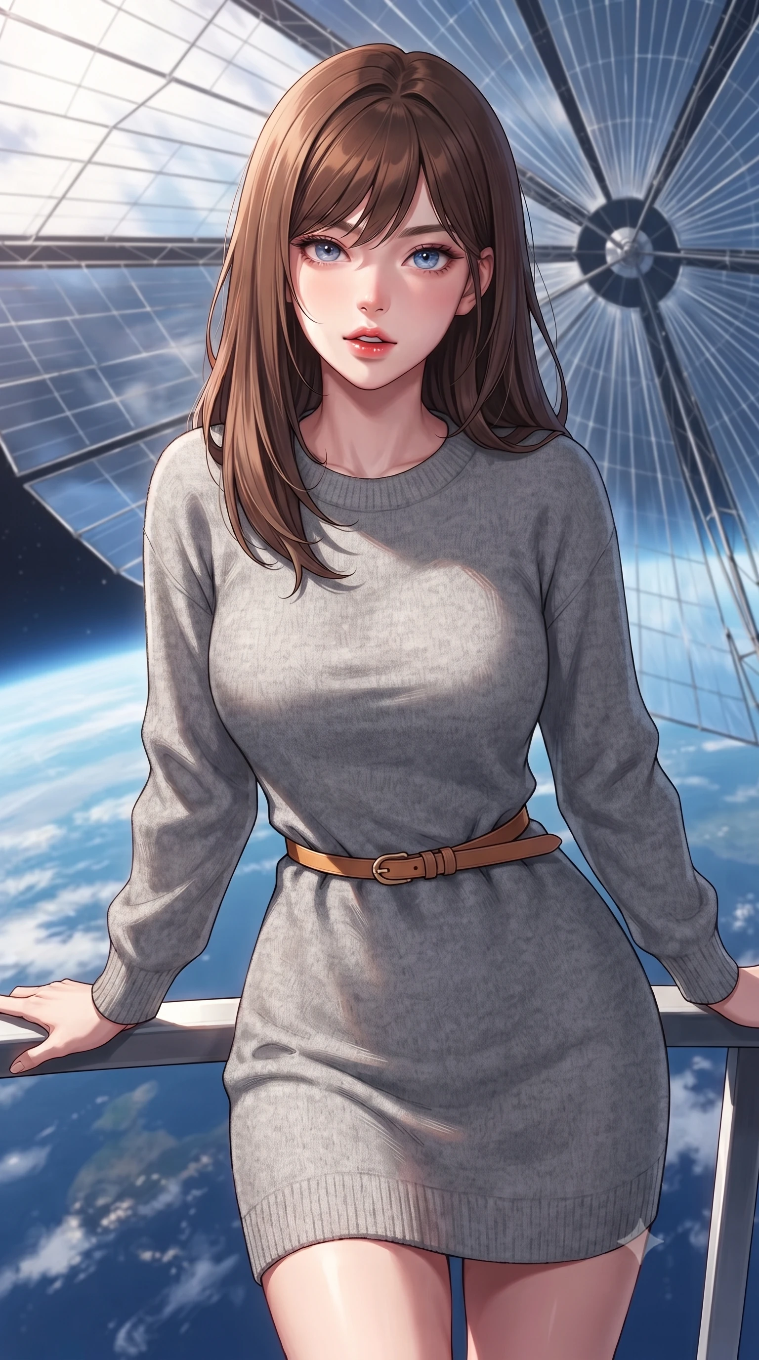 score_9, masterpiece, best quality, ultra-detailed, high-budget anime keyframe, gorgeous anime illustration, with clean line-art, distinct ink outlines, and high-contrast stereoscopic depth, Korean woman. close-up cowboy shot from the waist and thighs up, the character dominates the composition, filling the frame with her large presence, background elements kept in soft focus. Looking directly at the camera with a bold fearless expression and parted lips. set against a soft-focus background of on the service platform of a giant solar sail array high in the stratosphere, looking down at the curved earth below, massive reflective sails stretching to the horizon. She has an exceptionally elegant and slender, willowy female figure with an ultra-slim waist, a gracefully sculpted slender torso, and a refined slim physique. sharp v-shaped jawline, high-bridge nose, intricate jewel-like eyes with depth, thick eyelashes, glossy lips with a natural sheen. wearing a soft grey wool-blend sweater dress with long sleeves, paired with a thin camel-colored leather belt. blinding white sunlight from one side casting sharp high-contrast shadows, with the blue reflection of the earth acting as a soft fill light. 2k, ultra detail, master piece, 9:16 ratio, highly saturated vibrant anime colors, detailed cel-shading with soft gradients, rich glossy textures, deep contrast, volumetric dynamic lighting, 2d animation style