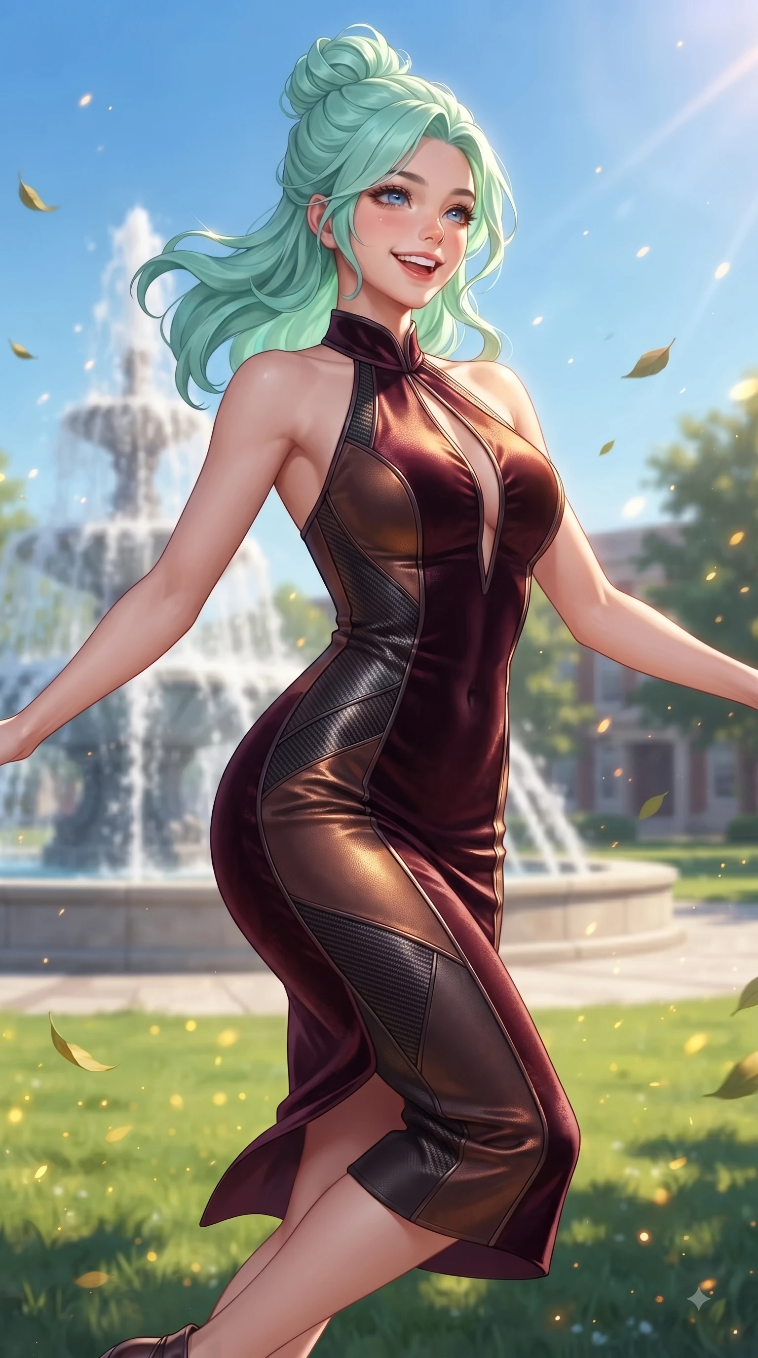 score_9, masterpiece, best quality, ultra-detailed, high-budget anime keyframe, editorial fashion photography, tasteful artistic composition, Japanese woman. close-up cowboy shot from the waist and thighs up, the character dominates the composition, filling the frame with her large presence, background elements kept in soft focus. Radiant youthful grin reflecting college charm while casting a playful, joyful side-gaze with heavy lashes while leaping playfully with pure youthful energy near a grand campus fountain under a clear blue sky, lush green quad lawn scattered with golden sunlight motes and fluttering leaves. She has an exceptionally elegant, slender, and willowy female figure with an ultra-slim waist, a gracefully sculpted slender torso, and a refined silhouette. sharp v-shaped jawline, high-bridge nose, intricate jewel-like eyes with depth, thick eyelashes, glossy lips with a natural sheen, flawlessly proportioned anatomical accuracy, natural body alignment, perfectly sculpted elegant limbs, clean dynamic posture without body distortion. wearing a velvet halter-neck midi dress following her form like a glove in deep burgundy and bronze, made of fine carbon-fiber weave and soft matte leather, accented with a Tasteful chest slit framing her clavicle gracefully, the form-contouring material highlighting her ultra-slim waist and long lines. illuminated by warm golden sunbursts and bright clear sky refractions. ultra-reflective glossy finish, specular highlights, metallic sheen, high-contrast stereoscopic depth, volumetric dynamic lighting, 2k, ultra detail, master piece, 9:16 ratio