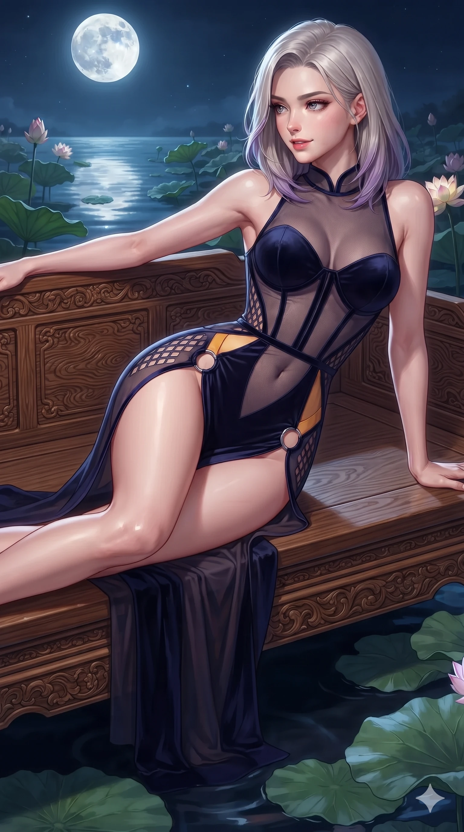 score_9, masterpiece, best quality, ultra-detailed, high-budget anime keyframe, editorial fashion photography, tasteful artistic composition, Caucasian woman. close-up cowboy shot from the waist and thighs up, the character dominates the composition, filling the frame with her large presence. twisting her slender torso in a deep contrapposto stance, hips dramatically shifted to accentuate her feminine curves while looking past her shoulder with smoldering bedroom-eyes while reclining gracefully across the carved teak daybed with one leg extended, her sculpted silhouette and flat midriff radiating nocturnal serenity. The surrounding environment is rendered in vivid detail and crisp panoramic clarity: sharp carved wood grain texture, water ripple reflections of the full moon, and crisp lotus leaf veins in deep focus. She has an exceptionally elegant, slender, and willowy female figure with an ultra-slim waist, flat toned midriff, narrow ribcage, and sculpted feminine hips creating an alluring, slim hourglass silhouette without bulk. sharp v-shaped jawline, high-bridge nose, sparkling eyes with hypnotic seductive depth, thick curled eyelashes, glossy parted lips with a natural dewy peach sheen, alluring bedroom-eyes with an enchanting coquettish smile, exuding magnetic siren charisma and sophisticated glamour, flawlessly proportioned anatomical accuracy, strict slender model proportions, natural body alignment, perfectly sculpted long slender limbs, ultra-slim waistline, clean dynamic posture without body distortion. wearing a sheer-illusion mesh corset gown with strategic opaque velvet hanbok panels framing her waist and hips in midnight indigo and glowing lantern topaz, adorned with laser-cut diamond side panels revealing teasing glimpses of bare skin, accented with sculptural chrome hardware rings framing the subtle cutouts, the high-slit wrap tailoring accentuating her ultra-slim waistline and the enchanting curve of her feminine hips with alluring seductive charm. illuminated by pond surface moonbeam bounce and sharp platinum rim lights sculpting her razor-sharp jawline, narrow waist, and curvy hips. ultra-reflective glossy finish, specular highlights, rich textural contrasts, high-contrast stereoscopic depth, volumetric dynamic lighting, 2k, ultra detail, master piece, 9:16 ratio