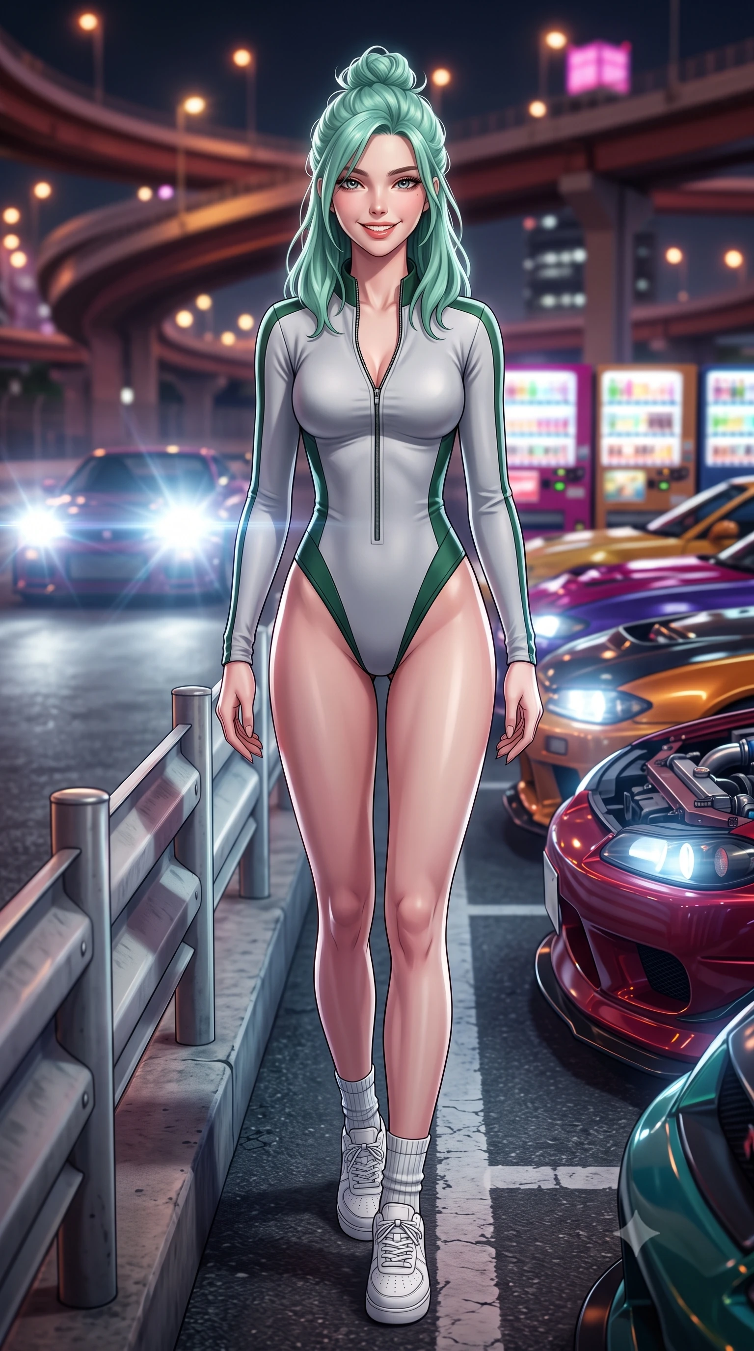 score_9, masterpiece, best quality, ultra-detailed, high-budget anime keyframe, semi-realistic 3D game render, editorial fashion photography, tasteful artistic composition, Japanese woman. low angle full-body shot from head to toe showing her feet, filling the entire 9:16 vertical frame with her statuesque presence, stretching her vertical silhouette. leaning deep against the pit lane barrier with hips cocked back in an unapologetically alluring high-fashion stance, flashing a warm beaming smile while walking slowly down the row of roaring tuned engines with sovereign swagger, her long slender legs and hourglass curves commanding the car meet. The background shows a soft-focus curving elevated Tokyo highway ramps, rows of customized sports cars, and illuminated vending machine banks blurred into magenta, amber, and cyan bokeh. She has an absolutely perfect, statuesque 8.5-heads proportion, an exceptionally tall and slender model-like female figure with impossibly long slender legs, an ultra-slim waist, a flat toned midriff, narrow delicate ribcage, and beautifully sculpted feminine hips creating a graceful, slim hourglass silhouette without any bulky heaviness. sharp v-shaped jawline, high-bridge nose, sparkling eyes with athletic focus and depth, thick curled eyelashes, glossy parted lips with a natural coral-peach sheen, bright confident and coquettish smile with alluring bedroom-eyes, exuding both youthful sporty vigor and sovereign high-society glamour, flawlessly proportioned anatomical accuracy, strict slender model proportions, natural body alignment, perfectly sculpted long slender limbs, ultra-slim waistline, clean dynamic posture without body distortion. wearing a modern paddock jumpsuit with zip-down front collar and high-cut leg openings in sleek stretch jersey in alpine silver platinum and forest green, tailored from ultra-soft fine cashmere yarn with an airy athletic drape, complemented by ribbed knit crew socks and clean white designer court sneakers, the glove-like aerodynamic silhouette tightly following the natural contour of her hips and long slender legs with youthful 8.5-heads elegance. illuminated by high-beam headlight flares and sharp chrome rim lights sculpting her razor-sharp jawline, narrow waist, and curvy hips. highly saturated vibrant anime colors, detailed shading with soft gradients, rich glossy textures, high-contrast stereoscopic depth, volumetric dynamic lighting, master piece, 9:16 ratio
