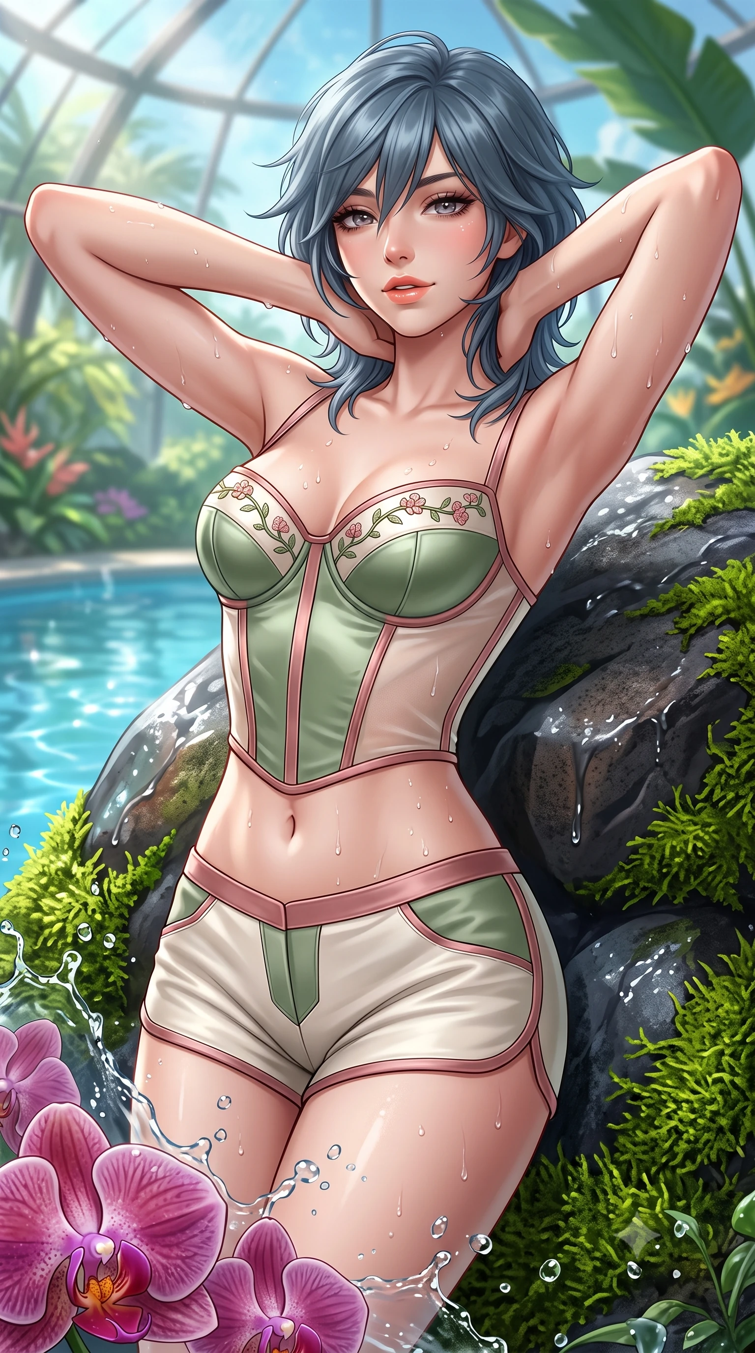 score_9, masterpiece, best quality, ultra-detailed, high-budget anime keyframe, semi-realistic 3D game render, editorial fashion photography, tasteful artistic composition, Caucasian woman. close-up cowboy shot from the waist and thighs up, the character dominates the composition, filling the frame with her large presence. resting both hands lightly behind her neck with elbows raised, arching her spine to highlight her narrow waist, flat midriff, and breathtaking collarbones while leaning back against the smooth wet boulder with relaxed seductive grace, water droplets beading across her collarbones and limbs. The surrounding environment is rendered in vivid detail and crisp panoramic clarity: sharp orchid petal velvet texture, water droplet splash beads, and green moss on volcanic stone in deep focus. She has an exceptionally elegant, slender, and willowy female figure with an ultra-slim waist, flat toned midriff, narrow ribcage, and sculpted feminine hips creating an alluring, slim hourglass silhouette without bulk. sharp v-shaped jawline, high-bridge nose, sparkling eyes with hypnotic seductive depth, thick curled eyelashes, glossy parted lips with a natural dewy peach sheen, alluring bedroom-eyes with an enchanting coquettish smile, exuding magnetic siren charisma and sophisticated glamour, flawlessly proportioned anatomical accuracy, strict slender model proportions, natural body alignment, perfectly sculpted long slender limbs, ultra-slim waistline, clean dynamic posture without body distortion. wearing a structured boned satin corset bodice with sheer illusion side panels paired with low-waisted tailored micro-shorts in botanical sage green and pure pearlescent ivory with rose trims, woven from buttery-soft stretch lambskin leather adhering to her body like a second skin, finished with delicate floral vine embroidery tracing along her sweetheart neckline with intimate elegance, the high-slit wrap tailoring accentuating her ultra-slim waistline and the enchanting curve of her feminine hips with alluring seductive charm. bathed in diffused tropical greenhouse sunlight mixed with pool water caustic bounce. highly saturated vibrant anime colors, detailed shading with soft gradients, rich glossy textures, high-contrast stereoscopic depth, volumetric dynamic lighting, master piece, 9:16 ratio