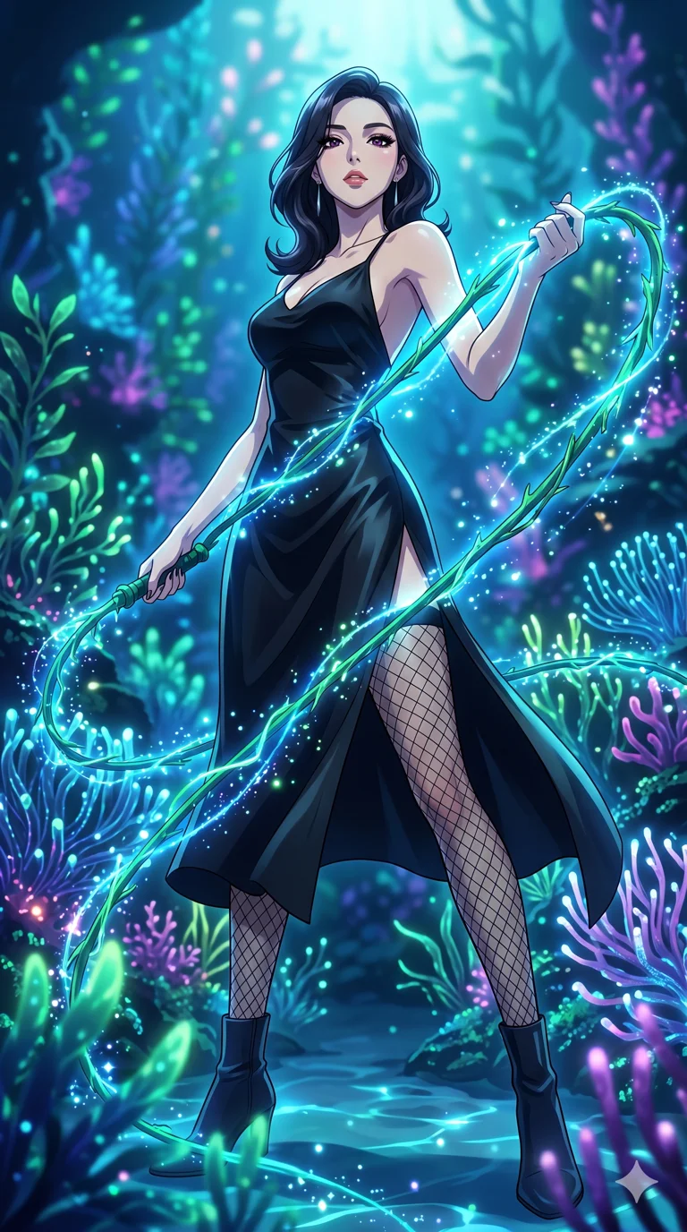 score_9, masterpiece, best quality, ultra-detailed, High-budget Anime Keyframe, vibrant colors, fluid line-art, expressive lighting, cinematic composition, Ufotable-style visual effects, top-tier animation quality, Korean woman with idol-like refined features. Low angle cowboy shot filling the entire 9:16 frame with her statuesque presence, looking up to emphasize her height. Wielding a glowing vine whip that crackles with bioluminescent energy, devoid of thorns. She has an absolutely perfect 8-heads proportion, an exceptionally tall and slender female figure with impossibly long slender legs and an ultra-slim waist, her statuesque height and towering silhouette dominating the vertical 9:16 frame. Her face is a masterpiece featuring a sharp v-shaped jawline, high-bridge nose, intricate jewel-like eyes with depth, thick eyelashes, and glossy lips with a natural sheen. She is wearing a Backless silk slip dress with a dangerously high side slit and sensual fishnet stockings.. The scene is set in an underwater Eden where the plants are made of light and fiber-optics. 2k, ultra detail, master piece, 9:16 ratio