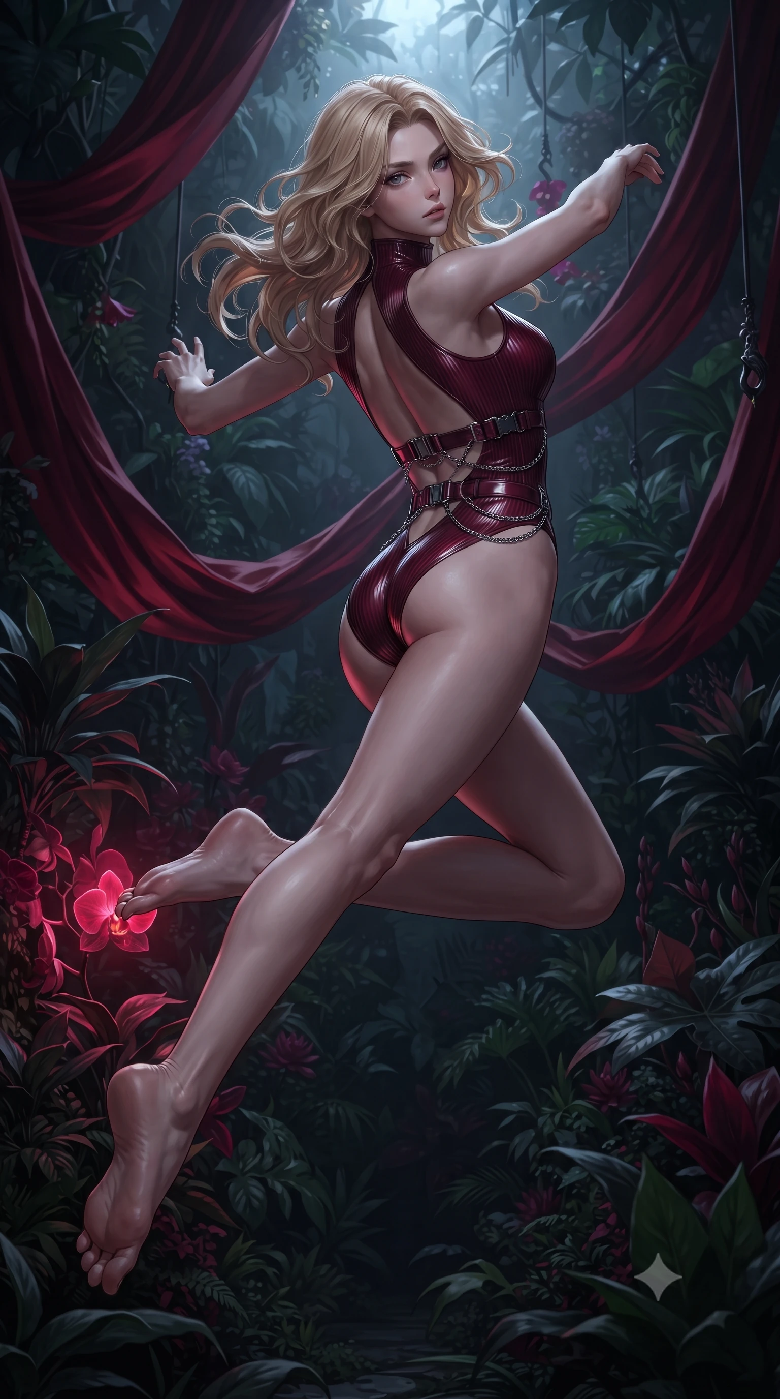 score_9, masterpiece, best quality, ultra-detailed, high-budget anime keyframe, editorial fashion photography, tasteful artistic composition, Caucasian woman. low angle full-body shot from head to toe showing her feet, filling the entire 9:16 vertical frame with her statuesque presence, stretching her vertical silhouette. leaping dynamically through the starry space, her posture full of power and elegance, navigating a shadowy plant sanctuary filled with suspended crimson silk drapes, daring open-back design accentuating her ultra-slim waistline. She has an absolutely perfect, statuesque 8.5-heads proportion, an exceptionally tall and slender model-like female figure with impossibly long slender legs and an ultra-slim waist. sharp v-shaped jawline, high-bridge nose, intricate jewel-like eyes with depth, thick eyelashes, glossy lips with a natural sheen. wearing sleek high-neck ribbed activewear bodysuit in matte black in deep crimson burgundy, made of high-gloss liquid vinyl, framed by dark titanium buckles and silver chain details, accentuating her gracefully sculpted slender torso. illuminated by eerie ruby orchid glow and cold silver moonlight from above. ultra-reflective glossy finish, specular highlights, metallic sheen, high-contrast stereoscopic depth, volumetric dynamic lighting, 2k, ultra detail, master piece, 9:16 ratio