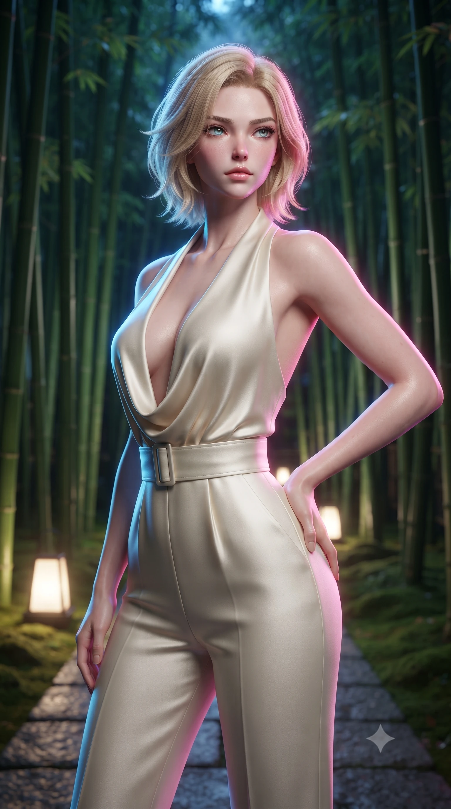 score_9, masterpiece, best quality, ultra-detailed, high-budget anime keyframe, editorial fashion photography, tasteful artistic composition, Caucasian woman, strictly human ears. close-up cowboy shot from the waist and thighs up, the character dominates the composition, filling the frame with her large presence, background elements kept in soft focus. Gazing past the camera with an air of effortless superiority. set against a soft-focus background of a perfectly maintained bamboo grove walkway under full moonlight with towering green bamboo stalks creating a natural cathedral stone path with embedded lanterns and soft moss underfoot. She has an exceptionally elegant and slender, willowy female figure with an ultra-slim waist, a gracefully sculpted slender torso, and a refined slim physique. sharp v-shaped jawline, high-bridge nose, intricate jewel-like eyes with depth, thick eyelashes, glossy lips with a natural sheen. wearing a tailored jumpsuit in cream silk with a plunging cowl neck and a matching wide belt that emphasizes her ultra-slim waist. brilliant cinematic volumetric lighting with intense neon rim light outlining her form. 2k, ultra detail, master piece, 9:16 ratio