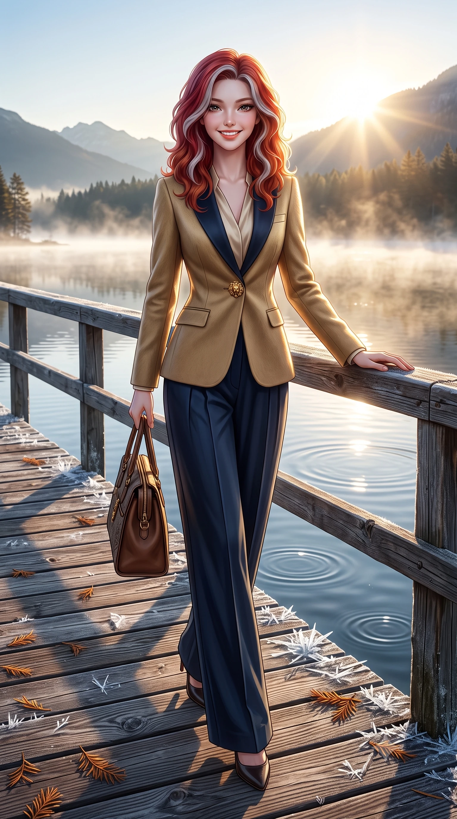 score_9, masterpiece, best quality, ultra-detailed, high-budget anime keyframe, semi-realistic 3D game render, editorial fashion photography, tasteful artistic composition, Caucasian woman. low angle full-body shot from head to toe showing her feet, filling the entire 9:16 vertical frame with her statuesque presence, stretching her vertical silhouette. walking briskly with tall supermodel strides, one hand holding her leather bag and the other swinging with energetic charm while leaning against the rustic timber pier railing, watching mist dance across the lake surface with tranquil poetic charm. The surrounding environment is rendered in vivid detail and crisp panoramic clarity: sharp ice crystal needles on wooden boardwalk planks, fallen larch needles, and ripples on glassy water in deep focus. She has an exceptionally tall and slender model-like 8.5-heads proportion, an ultra-slim waist, a flat toned midriff, narrow delicate ribcage, and beautifully sculpted feminine hips creating a graceful, slim hourglass silhouette without any bulky heaviness, with impossibly long slender legs. sharp v-shaped jawline, high-bridge nose, intricate jewel-like sparkling eyes with depth, thick eyelashes, glossy parted lips with a natural peach sheen, bright cheerful beaming smile with an enchanting and coquettish sensual glint, exuding both youthful cute charm and seductive allure, flawlessly proportioned anatomical accuracy, strict slender model proportions, natural body alignment, perfectly sculpted long slender limbs, ultra-slim waistline, clean dynamic posture without body distortion. wearing a chic tailored smoking jacket blazer paired with fluid pleated palazzo trousers and a silk blouse base in Ginza vintage brass gold and midnight navy, crafted from ultra-soft Mongolian cashmere with exquisite insulating warmth and tactile softness, accented with an ornate 24k gold lion-embossed crest button along the front closure, the bespoke architectural tailoring hugging her natural waistline with sartorial precision, creating a clean graceful hourglass silhouette with tall model elegance. bathed in crisp, sparkling morning sun breaking over mountain crests, illuminating lake mist with ethereal golden backlighting. highly saturated vibrant anime colors, detailed shading with soft gradients, rich glossy textures, high-contrast stereoscopic depth, volumetric dynamic lighting, master piece, 9:16 ratio