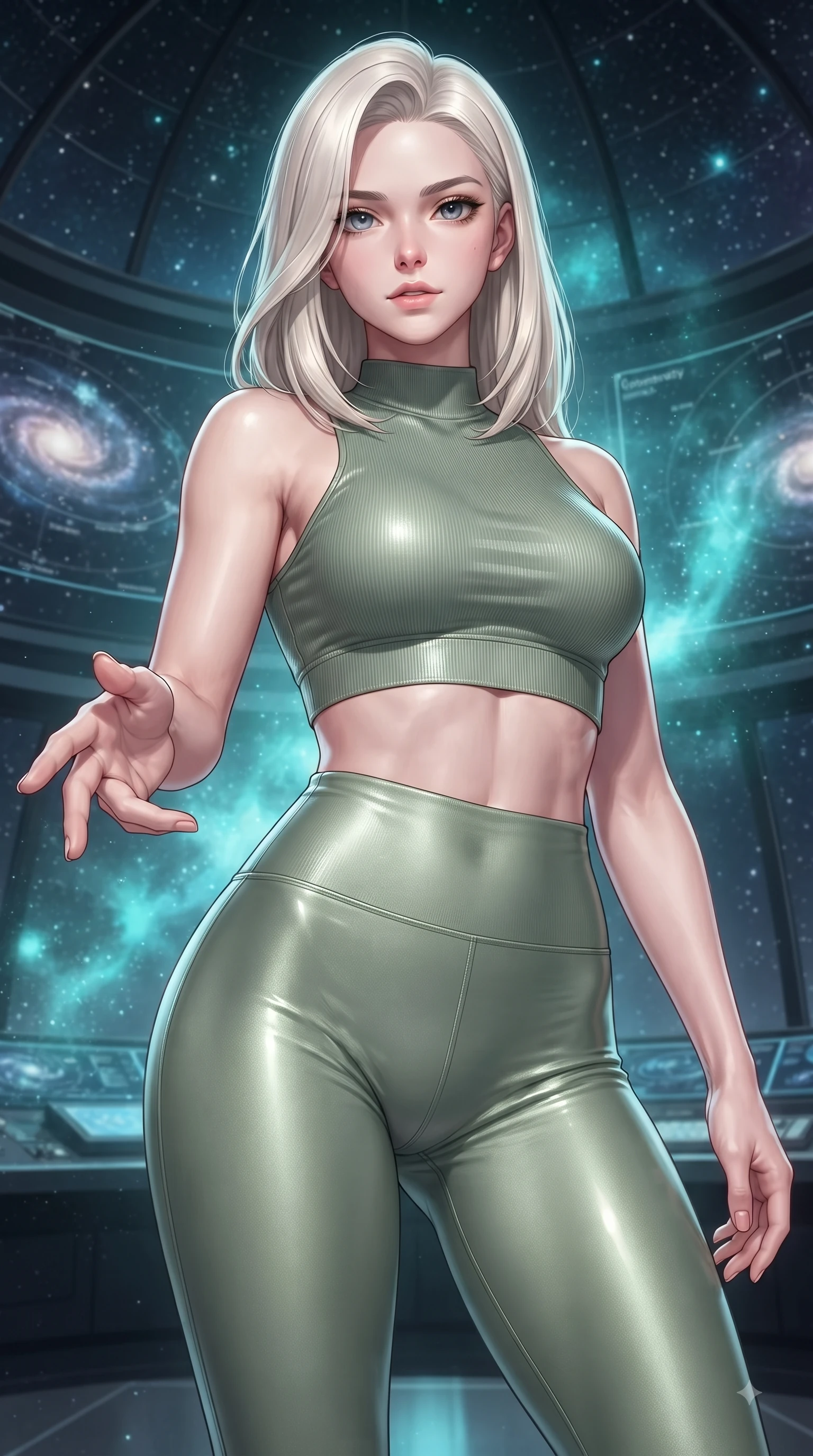 score_9, masterpiece, best quality, ultra-detailed, high-budget anime keyframe, editorial fashion photography, tasteful artistic composition, Caucasian woman woman. close-up cowboy shot from the waist and thighs up, the character dominates the composition, filling the frame with her large presence, background elements kept in soft focus. She has an exceptionally elegant, slender, and willowy female figure with an ultra-slim waist, a gracefully sculpted slender torso, and a refined silhouette. reaching one hand toward the viewer with relaxed elegance, her gaze holding quiet authority, flawlessly proportioned anatomical accuracy, natural body alignment, perfectly sculpted elegant limbs, clean dynamic posture without body distortion. set against a soft-focus background of a panoramic star observatory deck with floating galaxy maps. wearing a tight-fitting sage green ribbed activewear set with a body-hugging silhouette. bathed in starlight and cosmic turquoise nebula glow wrapping her athletic build. ultra-reflective glossy finish, specular highlights, metallic sheen, high-contrast stereoscopic depth, volumetric dynamic lighting, 2k, ultra detail, master piece, 9:16 ratio