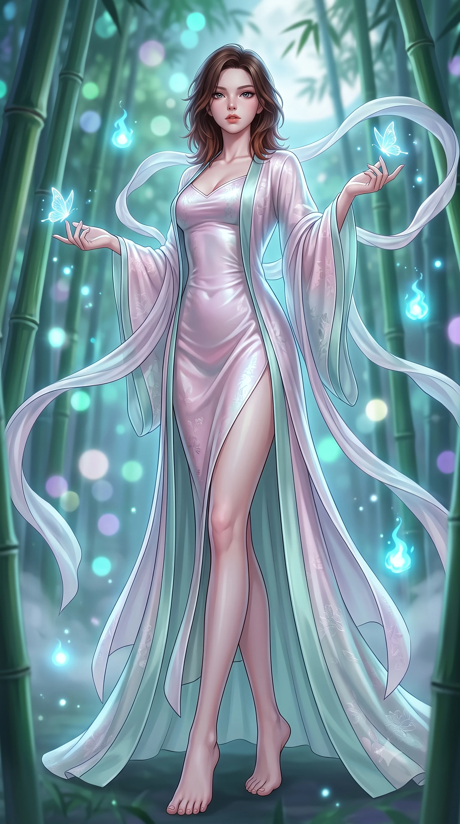 score_9, masterpiece, best quality, ultra-detailed, high-budget anime keyframe, semi-realistic 3D game render, editorial fashion photography, tasteful artistic composition, Korean woman. low angle full-body shot from head to toe showing her feet, filling the entire 9:16 vertical frame with her statuesque presence, stretching her vertical silhouette. standing poised with one hip cocked in an alluring high-fashion pose, her tall 8.5-heads proportions dominating the scene while pivoting gracefully around towering green bamboo stalks as ethereal glowing butterflies dance around her fingertips. The composition keeps background elements in soft focus with creamy bokeh. towering bamboo groves and floating spirit orbs blurred into luminous emerald, cyan, and amethyst bokeh. She has an absolutely perfect, statuesque 8.5-heads proportion, an exceptionally tall and slender model-like female figure with impossibly long slender legs, a toned flat midriff, and an ultra-slim waist. sharp v-shaped jawline, high-bridge nose, intricate jewel-like eyes with depth, thick eyelashes, glossy lips with a natural sheen, captivating and magnetic expression, flawlessly proportioned anatomical accuracy, strict slender model proportions, natural body alignment, perfectly sculpted long slender limbs, ultra-slim waistline, clean dynamic posture without body distortion. wearing an ethereal moon-goddess gossamer robe worn over a form-contouring pearlescent silk slip in lotus petal pink and jade mist, made of liquid-smooth silk satin with subtle floral jacquard, complemented by long flowing silk arm ribbons that float weightlessly in the air, the sleek tailored cut tightly hugging her graceful clavicle, narrow waist, and feminine curves with statuesque precision. bathed in magical cyan spirit flame luminescence and soft moonlit fog fill. highly saturated vibrant anime colors, detailed shading with soft gradients, rich glossy textures, high-contrast stereoscopic depth, volumetric dynamic lighting, master piece, 9:16 ratio