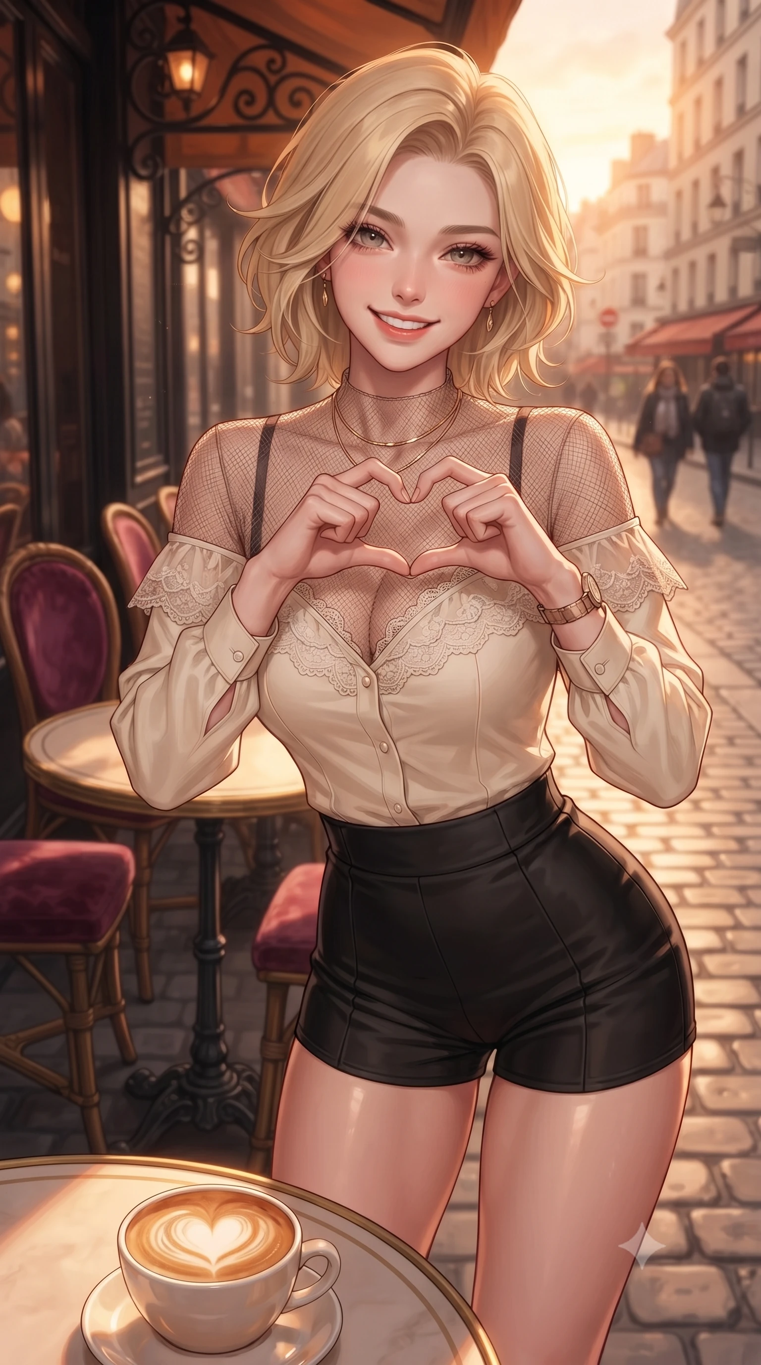 score_9, masterpiece, best quality, ultra-detailed, high-budget anime keyframe, editorial fashion photography, tasteful artistic composition, Caucasian woman. close-up cowboy shot from the waist and thighs up, the character dominates the composition, filling the frame with her large presence, background elements kept in soft focus. flashing a bright, sunny grin, holding her fingers in a cute small heart shape set against a soft-focus background of at a vintage Parisian-style cafe corner next to a quiet cobblestone street with a warm cup of cafe latte with heart-shaped foam art on the table. She has an exceptionally elegant, slender, and willowy female figure with an ultra-slim waist, a gracefully sculpted slender torso, and a refined silhouette. sharp v-shaped jawline, high-bridge nose, intricate jewel-like eyes with depth, thick eyelashes, glossy lips with a natural sheen. wearing tailored delicate lace-trim off-shoulder blouse paired with a sheer mesh overlay and form-contouring mini shorts. golden hour sunset rays painting the cozy interior in a warm orange wash. ultra-reflective glossy finish, specular highlights, metallic sheen, high-contrast stereoscopic depth, volumetric dynamic lighting, 2k, ultra detail, master piece, 9:16 ratio