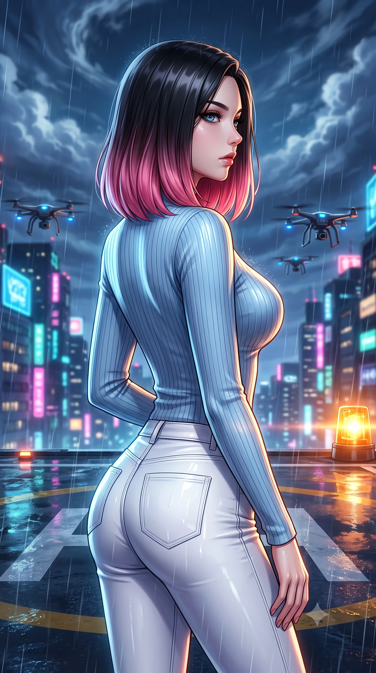 score_9, masterpiece, best quality, ultra-detailed, high-budget anime keyframe, editorial fashion photography, tasteful artistic composition, Korean woman. close-up cowboy shot from the waist and thighs up, the character dominates the composition, filling the frame with her large presence, background elements kept in soft focus. turning her face in sharp profile, casting a cold, mysterious, yet intensely alluring side gaze, the background shows a soft-focus a neon-lit rooftop helipad during a high-tech rainstorm with hovering camera drones. She has an exceptionally elegant, slender, and willowy female figure with an ultra-slim waist, a gracefully sculpted slender torso, and a refined silhouette. sharp v-shaped jawline, high-bridge nose, intricate jewel-like eyes with depth, thick eyelashes, glossy lips with a natural sheen. wearing a form-contouring body-hugging light blue ribbed long-sleeve top paired with tight white denim pants. flashing amber strobe lights casting dynamic chiaroscuro shadows on her silhouette. highly saturated vibrant anime colors, detailed shading with soft gradients, rich glossy textures, high-contrast stereoscopic depth, volumetric dynamic lighting, master piece, 9:16 ratio
