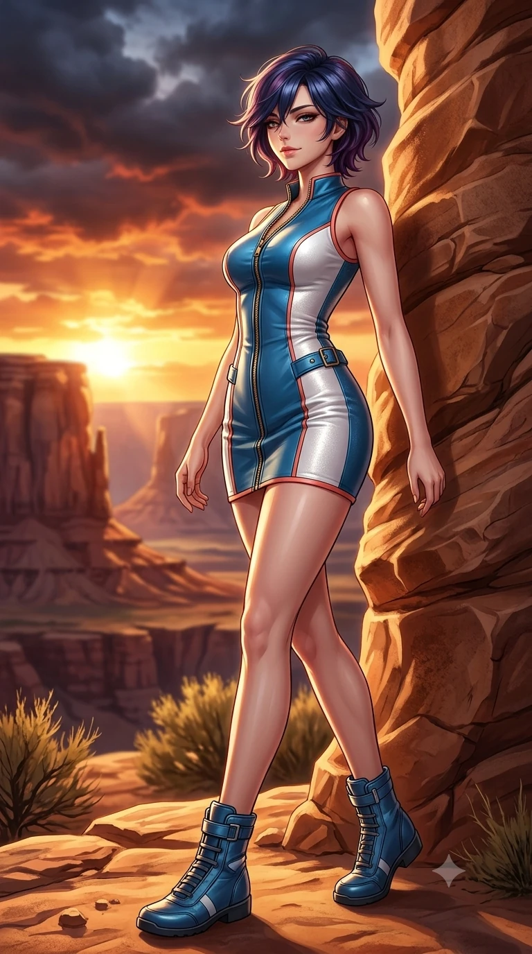 score_9, masterpiece, best quality, ultra-detailed, high-budget anime keyframe, semi-realistic 3D game render, editorial fashion photography, tasteful artistic composition, Korean woman. low angle full-body shot from head to toe showing her feet, filling the entire 9:16 vertical frame with her statuesque presence, stretching her vertical silhouette. stepping forward in a confident stride, her long slender legs and curvaceous hips creating a dynamic, sweeping vertical line while leaning against a wind-carved sandstone pillar with hips cocked back, gazing across the glowing plateau with heavy-lidded seductive bedroom-eyes. The background shows a soft-focus sunset desert storm clouds softened in majestic canyon escarpment shallow focus. She has an absolutely perfect, statuesque 8.5-heads proportion, an exceptionally tall and slender model-like female figure with impossibly long slender legs, an ultra-slim waist, a flat toned midriff, narrow delicate ribcage, and beautifully sculpted feminine hips creating a graceful, slim hourglass silhouette without any bulky heaviness. sharp v-shaped jawline, high-bridge nose, sparkling eyes with hypnotic seductive depth, thick curled eyelashes, glossy parted lips with a natural dewy peach sheen, alluring bedroom-eyes with an enchanting coquettish smile, exuding magnetic siren charisma and sophisticated glamour, flawlessly proportioned anatomical accuracy, strict slender model proportions, natural body alignment, perfectly sculpted long slender limbs, ultra-slim waistline, clean dynamic posture without body distortion. wearing a glove-like stretch lambskin leather racer mini dress with double-ended front zipper and waist-cinching seams in Mediterranean cerulean blue and optic white with coral trims, woven from stretch metallic lurex jersey casting radiant starlight glints across her silhouette, finished with sleek heavy-duty brass zip pulls and buckled moto straps, the bespoke structured tailoring following the natural line of her 8.5-heads silhouette with refined elegance. bathed in the dramatic, rich crimson and molten-gold illumination of the setting sun piercing beneath dark storm clouds. highly saturated vibrant anime colors, detailed shading with soft gradients, rich glossy textures, high-contrast stereoscopic depth, volumetric dynamic lighting, master piece, 9:16 ratio