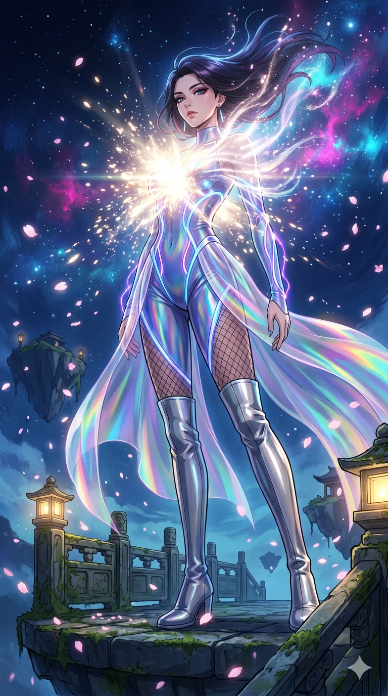 score_9, masterpiece, best quality, ultra-detailed, High-budget Anime Keyframe, vibrant colors, fluid line-art, expressive lighting, cinematic composition, Ufotable-style visual effects, top-tier animation quality, Korean woman with idol-like refined features. Dramatic low angle looking up at her majestic stature, dominating the vertical space of the composition. Transcending her physical form in a sudden flash of divine light, her silhouette becoming a being of pure energy. She has an absolutely perfect 8-heads proportion, an exceptionally tall and slender female figure with impossibly long slender legs and an ultra-slim waist, her statuesque height and towering silhouette dominating the vertical 9:16 frame. Her face is a masterpiece featuring a sharp v-shaped jawline, high-bridge nose, intricate jewel-like eyes with depth, thick eyelashes, and glossy lips with a natural sheen. She is wearing a Iridescent sheer catsuit with glowing lines that pulse in sync with her heartbeat crafted from Holographic chiffon that changes color with every movement, creating a rainbow effect, accompanied by sensual fishnet stockings and thigh-high metallic boots. The scene is set in an ancient floating island with pink cherry blossoms falling like snow against a blue sky, illuminated by flickering starlight and nebula glow providing a mystical and vast ambiance. 2k, ultra detail, master piece, 9:16 ratio