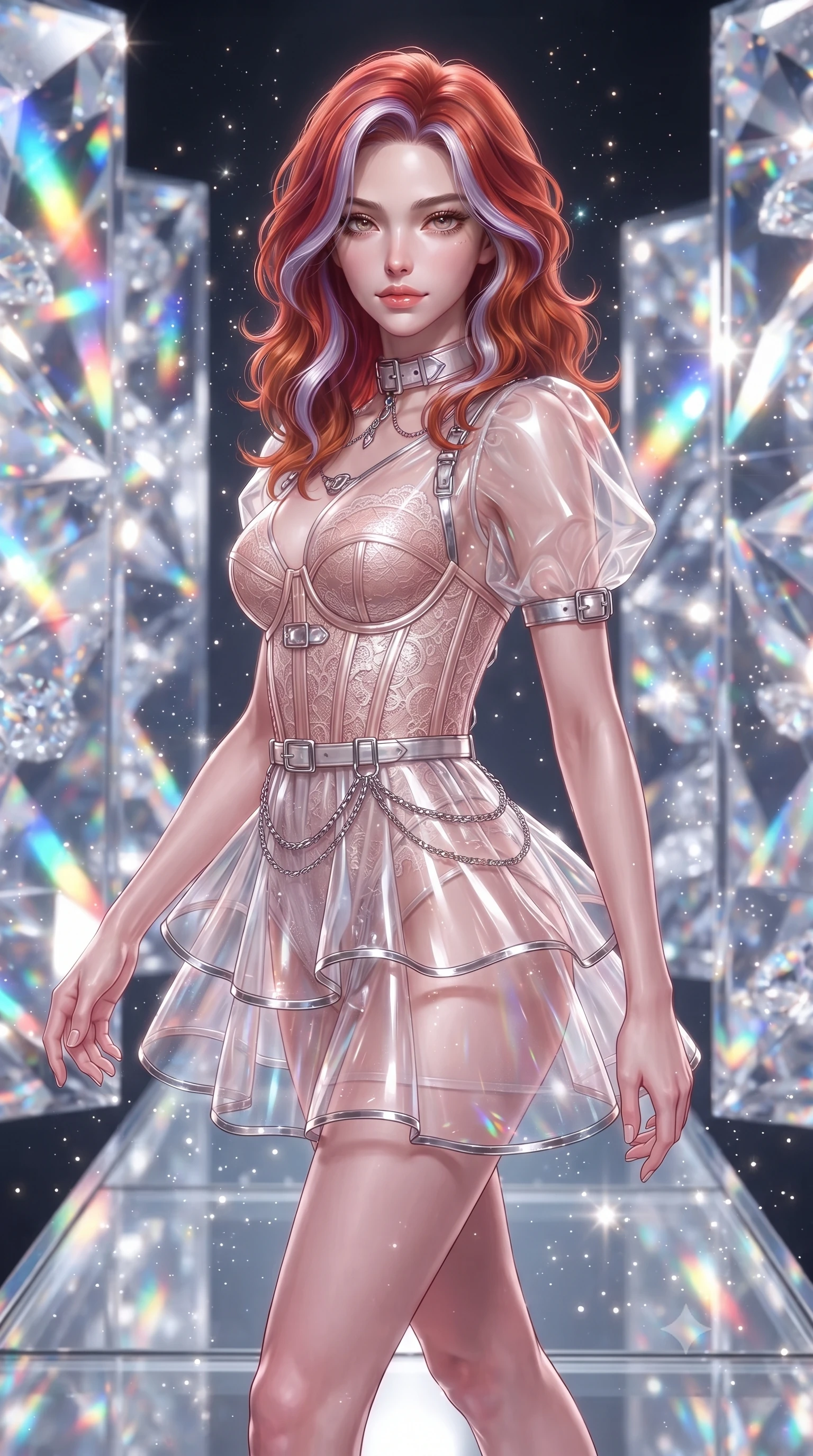 score_9, masterpiece, best quality, ultra-detailed, high-budget anime keyframe, editorial fashion photography, tasteful artistic composition, Caucasian woman. close-up cowboy shot from the waist and thighs up, the character dominates the composition, filling the frame with her large presence, background elements kept in soft focus. Glancing sidelong over her shoulder with a smoldering half-smile, walking across a polished glass runway surrounded by rotating diamond facet walls, fine diamond dust particles glittering like suspended stars. She has an exceptionally elegant, slender, and willowy female figure with an ultra-slim waist, a gracefully sculpted slender torso, and a refined silhouette. sharp v-shaped jawline, high-bridge nose, intricate jewel-like eyes with depth, thick eyelashes, glossy lips with a natural sheen. wearing translucent opal organza mini dress over structured white lace corset in rose-gold pink, made of polished ivory leather, framed by polished silver buckles and delicate chain details, sculpting her athletic slender build with refined precision. illuminated by brilliant multi-color rainbow light refracting through diamond facets. ultra-reflective glossy finish, specular highlights, metallic sheen, high-contrast stereoscopic depth, volumetric dynamic lighting, 2k, ultra detail, master piece, 9:16 ratio