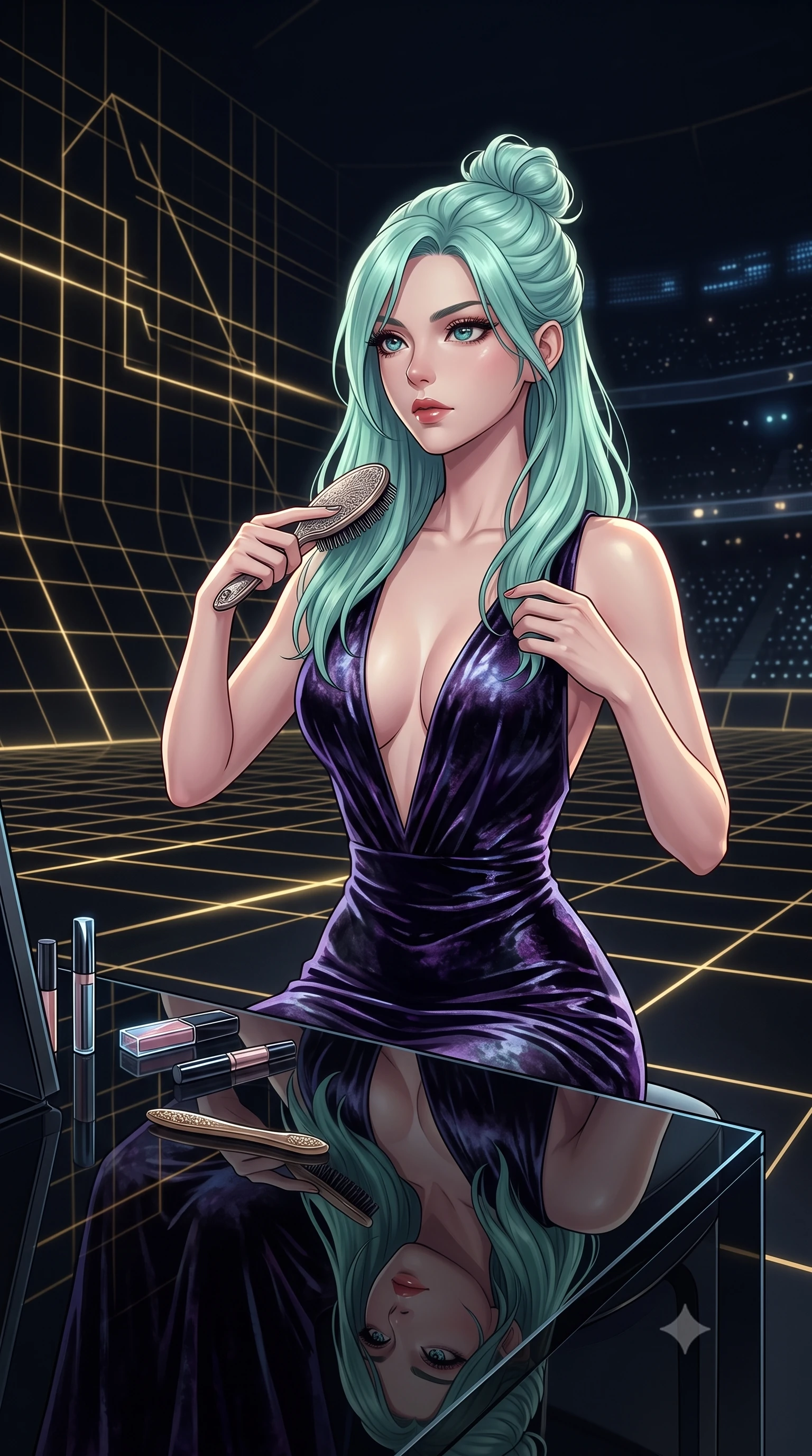 score_9, masterpiece, best quality, ultra-detailed, High-budget Anime Keyframe, East Asian woman. Low angle cowboy shot filling the entire 9:16 frame with her statuesque presence. Scenario 256: brushing her hair while seated before a vanity of black glass in a digital arena where gold gridlines project onto the black walls. Her presence is magnetic and overpowering in this high-budget anime scene. Outfit 256: a body-hugging crushed dark velvet liquid with a plunging V-neckline and tight-fitting silhouette. The clothing is designed to emphasize her exceptionally tall and slender 8-heads proportion. 8-heads proportion, towering silhouette, ultra-slim waist. sharp v-shaped jawline, intricate jewel-like eyes with depth, thick eyelashes, glossy lips. 2k, ultra detail, master piece, 9:16 ratio
