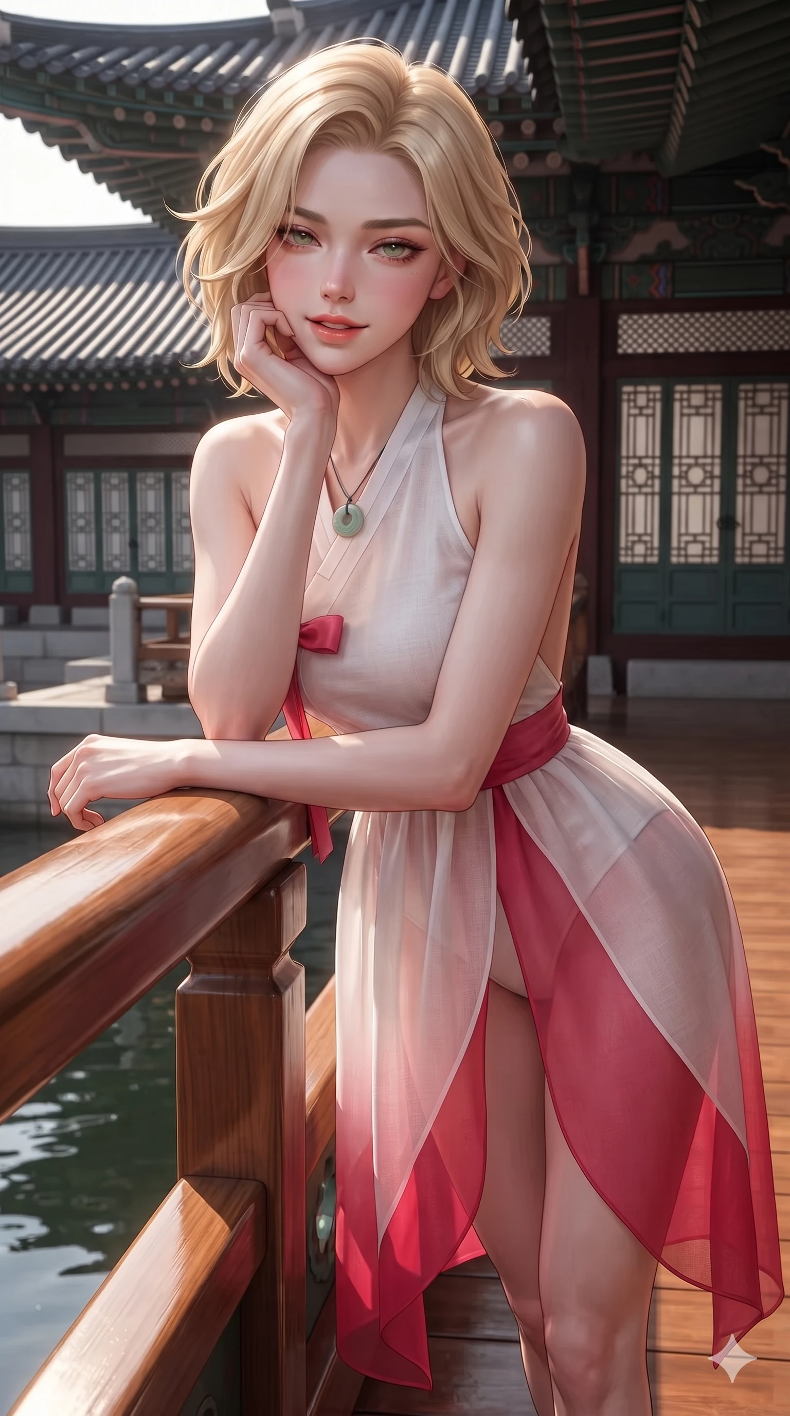 score_9, masterpiece, best quality, ultra-detailed, high-budget anime keyframe, editorial fashion photography, tasteful artistic composition, Caucasian woman. close-up cowboy shot from the waist and thighs up, the character dominates the composition, filling the frame with her large presence. resting one elbow on the lacquered balustrade and supporting her chin, leaning close to the camera with heavy-lidded sparkling eyes and parted lips while stepping slowly along the polished wooden decking with hypnotic grace, hips swaying in an alluring sensual rhythm that accentuates her curvy hourglass silhouette. The surrounding environment is rendered in vivid detail and crisp panoramic clarity: detailed fusion hanbok bustier tailoring, micro-pleated skirt drape, and palace architecture in razor-sharp clarity. She has an exceptionally elegant, slender, and willowy female figure with an ultra-slim waist, flat toned midriff, narrow ribcage, and sculpted feminine hips creating an alluring, slim hourglass silhouette without bulk. sharp v-shaped jawline, high-bridge nose, sparkling eyes with hypnotic seductive depth, thick curled eyelashes, glossy parted lips with a natural dewy peach sheen, alluring bedroom-eyes with an enchanting coquettish smile, exuding magnetic siren charisma and sophisticated glamour, flawlessly proportioned anatomical accuracy, strict slender model proportions, natural body alignment, perfectly sculpted long slender limbs, ultra-slim waistline, clean dynamic posture without body distortion. wearing a liquid-tight backless silk halter leotard styled with a sheer wrap overskirt revealing her hip curve in pure snow white and vivid cherry blossom crimson, woven from bespoke Korean ramie fabric with crisp tactile slub texture, finished with a minimalist celadon porcelain pendant on a fine silk cord, the impeccably tailored cut draping gracefully along her slender figure with aristocratic eastern poise. illuminated by dark water reflection bounce and sharp silver-rose rim lights defining her razor-sharp jawline, narrow waist, and curvy hips. ultra-reflective glossy finish, specular highlights, rich textural contrasts, high-contrast stereoscopic depth, volumetric dynamic lighting, 2k, ultra detail, master piece, 9:16 ratio
