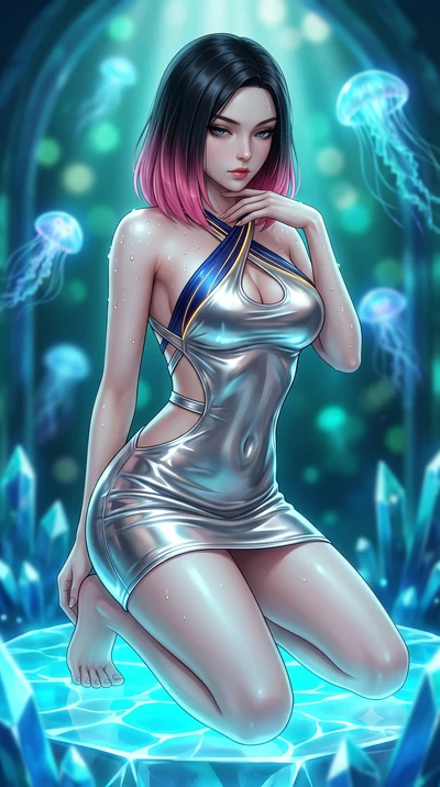 score_9, masterpiece, best quality, ultra-detailed, high-budget anime keyframe, semi-realistic 3D game render, editorial fashion photography, tasteful artistic composition, Korean woman. close-up cowboy shot from the waist and thighs up, the characte