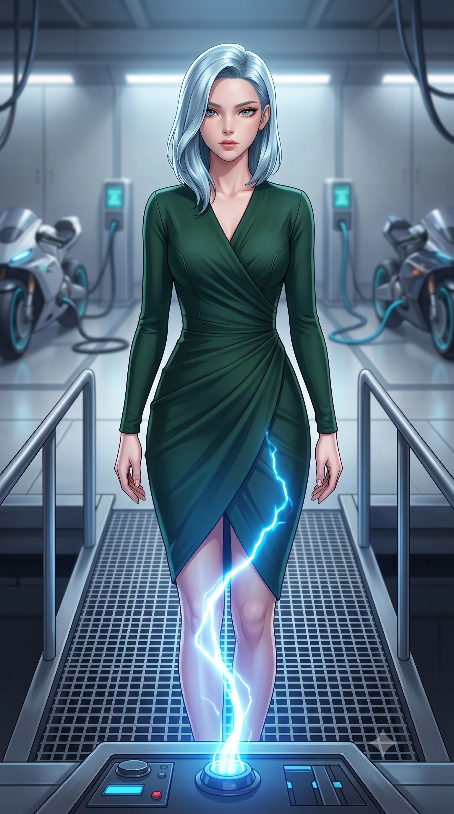 score_9, masterpiece, best quality, ultra-detailed, high-budget anime keyframe, editorial fashion photography, tasteful artistic composition, Korean woman. close-up cowboy shot from the waist and thighs up, the character dominates the composition, filling the frame with her large presence, background elements kept in soft focus. Standing proud on the bridge, looking down at the viewer with quiet authority and a cold composure. set against a soft-focus background of a clean metallic garage with sleek hover-bikes plugged into charging terminals, plasma cords humming. She has an exceptionally elegant and slender, willowy female figure with an ultra-slim waist, a gracefully sculpted slender torso, and a refined slim physique. sharp v-shaped jawline, high-bridge nose, intricate jewel-like eyes with depth, thick eyelashes, glossy lips with a natural sheen. wearing tailored for maximum mobility, sleek form-contouring panels that allow fluid movement, a body-hugging form-fitting wrap dress in a deep pine green jersey, draped strategically to contour her slender hips and waist. highly saturated vibrant anime colors, intense vivid color palette, soft 3D volumetric shading, volumetric dynamic lighting, pulsing electric blue plasma arc lighting rising dramatically from below. 2k, ultra detail, master piece, 9:16 ratio