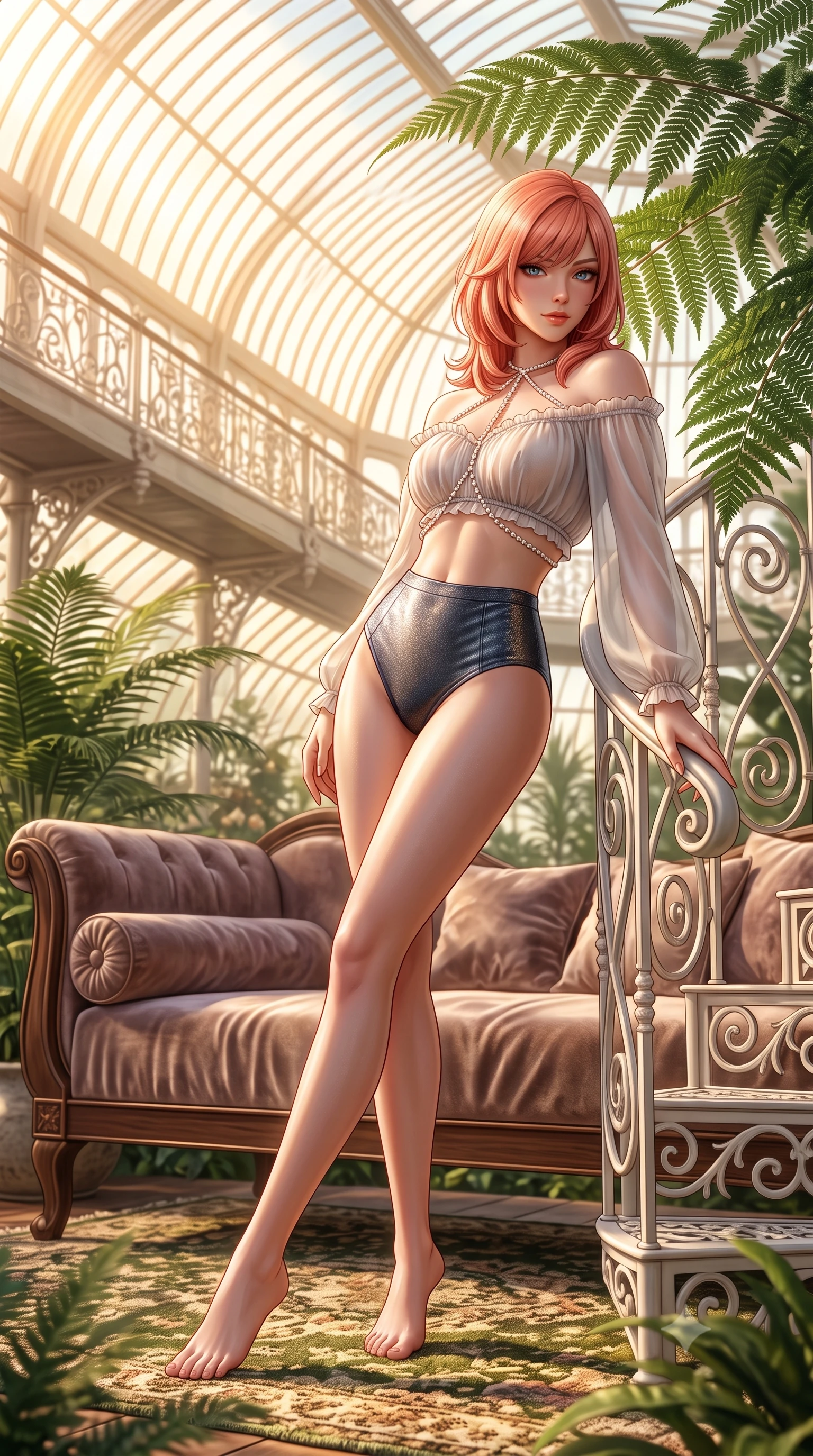 score_9, masterpiece, best quality, ultra-detailed, high-budget anime keyframe, semi-realistic 3D game render, editorial fashion photography, tasteful artistic composition, Japanese woman. low angle full-body shot from head to toe showing her feet, filling the entire 9:16 vertical frame with her statuesque presence, stretching her vertical silhouette. lounging on the lavish daybed with legs crossed and hips angled toward the camera, displaying her toned midriff and long slender limbs with effortless siren poise while leaning against the white wrought-iron spiral balustrade with hips cocked back, looking through giant fern fronds with smoldering eyes. The background shows a soft-focus aerial catwalk railings softened in romantic botanical garden shallow focus. She has an absolutely perfect, statuesque 8.5-heads proportion, an exceptionally tall and slender model-like female figure with impossibly long slender legs, an ultra-slim waist, a flat toned midriff, narrow delicate ribcage, and beautifully sculpted feminine hips creating a graceful, slim hourglass silhouette without any bulky heaviness. sharp v-shaped jawline, high-bridge nose, sparkling eyes with hypnotic seductive depth, thick curled eyelashes, glossy parted lips with a natural dewy peach sheen, alluring bedroom-eyes with an enchanting coquettish smile, exuding magnetic siren charisma and sophisticated glamour, flawlessly proportioned anatomical accuracy, strict slender model proportions, natural body alignment, perfectly sculpted long slender limbs, ultra-slim waistline, clean dynamic posture without body distortion. wearing an off-the-shoulder sheer peasant crop blouse with ruched neckline paired with tight high-waisted linen briefs in molten liquid platinum and midnight charcoal with sapphire reflections, woven from stretch metallic lurex jersey casting radiant starlight glints across her silhouette, finished with a pearl-drop body harness subtly framing her dewy collarbones and spine, the high-slit wrap tailoring accentuating her ultra-slim waistline and the enchanting curve of her feminine hips with alluring seductive charm. bathed in luminous golden morning sunlight streaming through hundreds of curved glass roof panels. highly saturated vibrant anime colors, detailed shading with soft gradients, rich glossy textures, high-contrast stereoscopic depth, volumetric dynamic lighting, master piece, 9:16 ratio