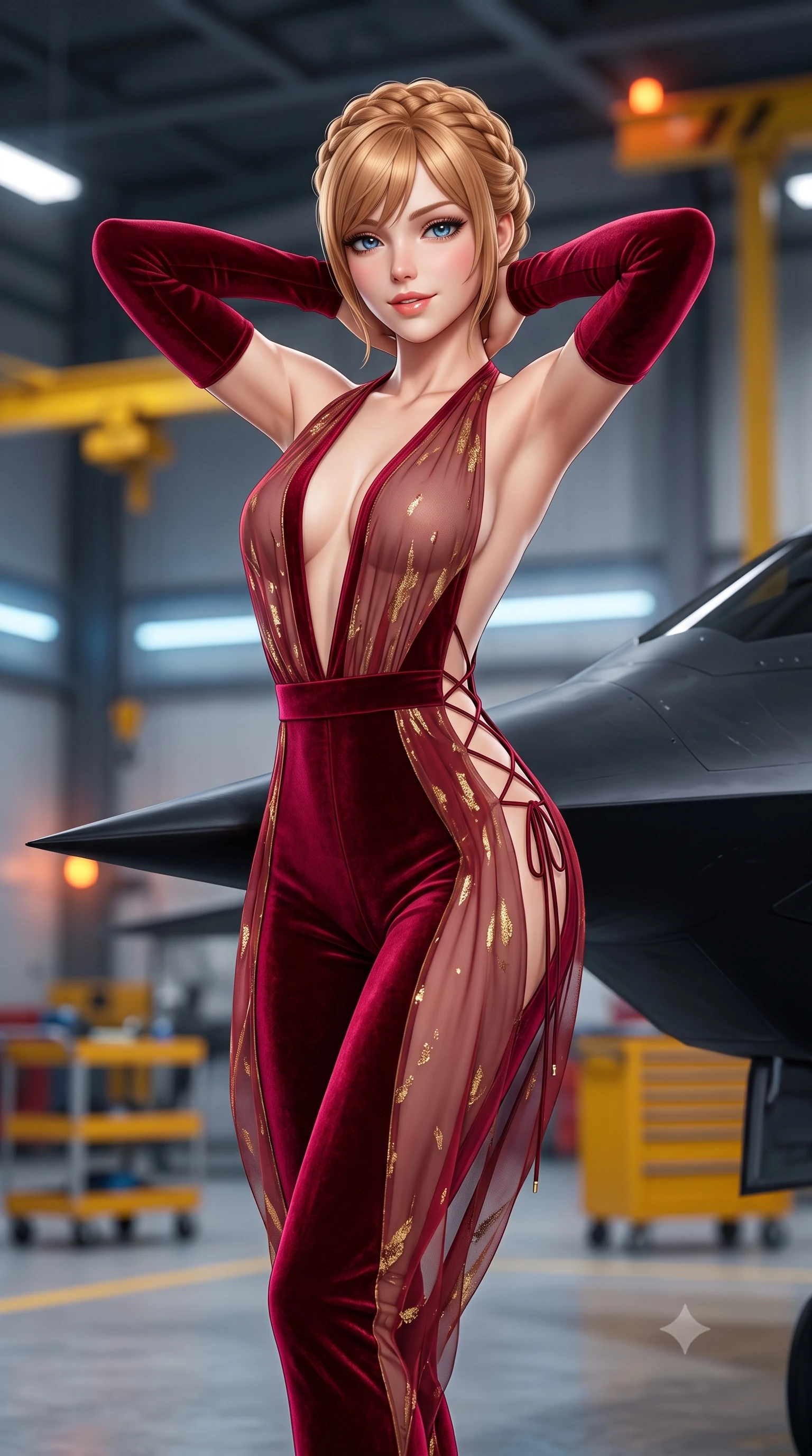 score_9, masterpiece, best quality, ultra-detailed, high-budget anime keyframe, semi-realistic 3D game render, editorial fashion photography, tasteful artistic composition, Caucasian woman. close-up cowboy shot from the waist and thighs up, the character dominates the composition, filling the frame with her large presence. resting both hands lightly behind her neck with elbows raised, arching her spine to highlight her narrow waist, flat midriff, and breathtaking collarbones while leaning against the razor-sharp leading edge of a matte-black stealth drone with hips cocked back, arching her back with high-tech allure. The background shows a soft-focus the swept delta wings of the stealth drone, yellow hangar cranes, and tool carts blurred into charcoal, caution yellow, and silver bokeh. She has an exceptionally elegant, slender, and willowy female figure with an ultra-slim waist, flat toned midriff, narrow ribcage, and sculpted feminine hips creating an alluring, slim hourglass silhouette without bulk. sharp v-shaped jawline, high-bridge nose, sparkling eyes with hypnotic seductive depth, thick curled eyelashes, glossy parted lips with a natural dewy peach sheen, alluring bedroom-eyes with an enchanting coquettish smile, exuding magnetic siren charisma and sophisticated glamour, flawlessly proportioned anatomical accuracy, strict slender model proportions, natural body alignment, perfectly sculpted long slender limbs, ultra-slim waistline, clean dynamic posture without body distortion. wearing a backless plunge-front second-skin stealth jumpsuit with fluid tapered legs and laser-cut hip ventilation in royal opera house crimson velvet and shimmering gold leaf, made of sheer gossamer chiffon that drapes softly against skin with airy translucence, finished with fine criss-cross lace-up side ties revealing tantalizing glimpses of her hip curve, the glove-like clinging cut tightly following the natural contour of her hips and long slender legs with youthful 8.5-heads elegance. bathed in high-altitude aerospace hangar floodlights mixed with amber safety strobe accents. highly saturated vibrant anime colors, detailed shading with soft gradients, rich glossy textures, high-contrast stereoscopic depth, volumetric dynamic lighting, master piece, 9:16 ratio