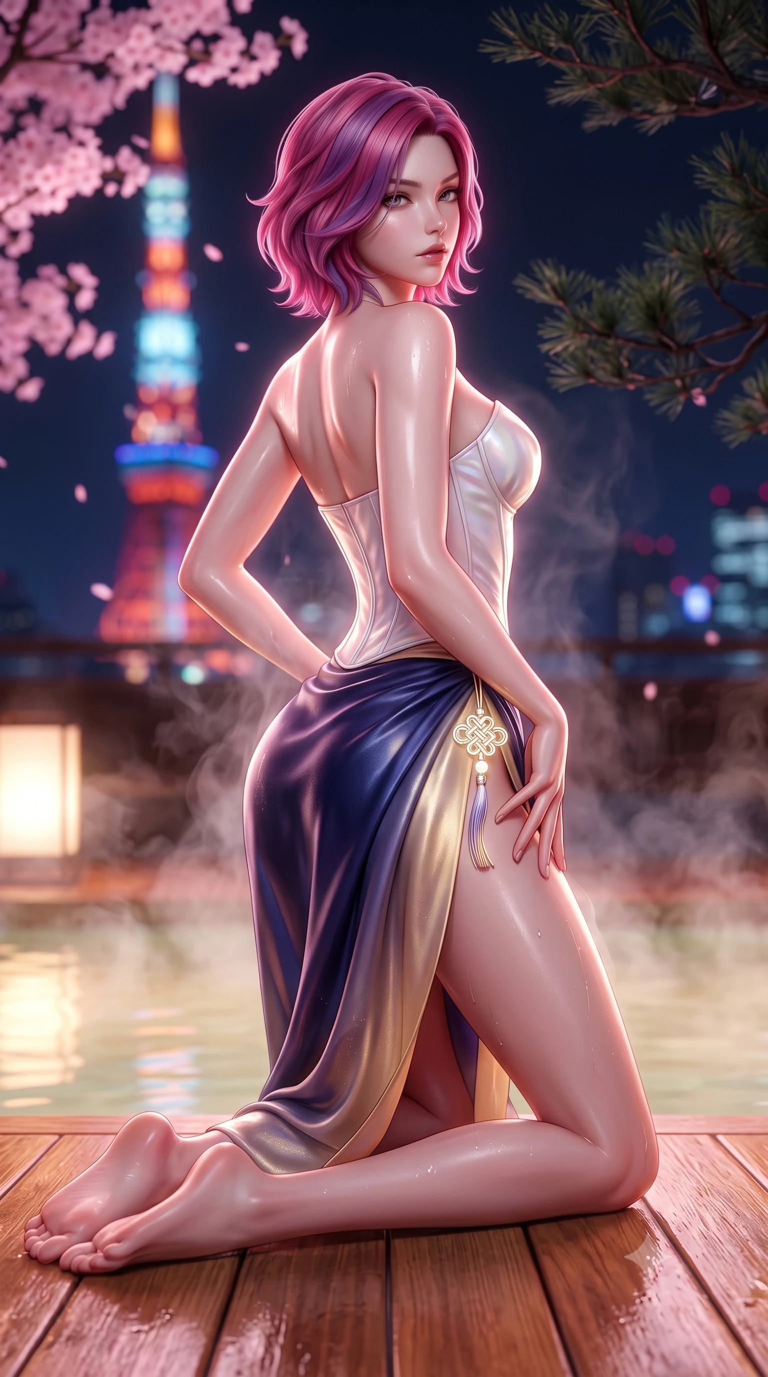 score_9, masterpiece, best quality, ultra-detailed, high-budget anime keyframe, semi-realistic 3D game render, editorial fashion photography, tasteful artistic composition, Caucasian woman. low angle full-body shot from head to toe showing her feet, filling the entire 9:16 vertical frame with her statuesque presence, stretching her vertical silhouette. posing with back turned slightly to the lens, glancing back with smoldering allure as she arches her lower back to emphasize her sculpted feminine hips and slender waist while kneeling gracefully on the warm wet cedar deck, one hand resting on her bare hip as thermal steam caresses her feminine curves. The composition keeps background elements in soft focus with creamy bokeh. distant Tokyo Tower neon lights and dark pine branches softened in dreamy nocturnal shallow focus. She has an absolutely perfect, statuesque 8.5-heads proportion, an exceptionally tall and slender model-like female figure with impossibly long slender legs, a toned flat midriff, an ultra-slim waist, and beautifully sculpted feminine hips. sharp v-shaped jawline, high-bridge nose, intricate jewel-like eyes with depth, thick eyelashes, glossy parted lips with a natural sheen, intensely captivating and seductive bedroom-eyes expression, flawlessly proportioned anatomical accuracy, strict slender model proportions, natural body alignment, perfectly sculpted long slender limbs, ultra-slim waistline, clean dynamic posture without body distortion. wearing a sculpted mother-of-pearl corset top paired with a draped high-slit silk sarong skirt in midnight indigo and glowing starlight gold, crafted from traditional Korean gossamer silk organza with pearlescent luster, accented with a glowing metallic norigae knot charm resting against her hip, the glove-like aerodynamic silhouette tightly following the natural contour of her hips and long slender legs with statuesque precision. bathed in soft pink cherry blossom ambient glow and warm underwater mineral pool lights. highly saturated vibrant anime colors, detailed shading with soft gradients, rich glossy textures, high-contrast stereoscopic depth, volumetric dynamic lighting, master piece, 9:16 ratio