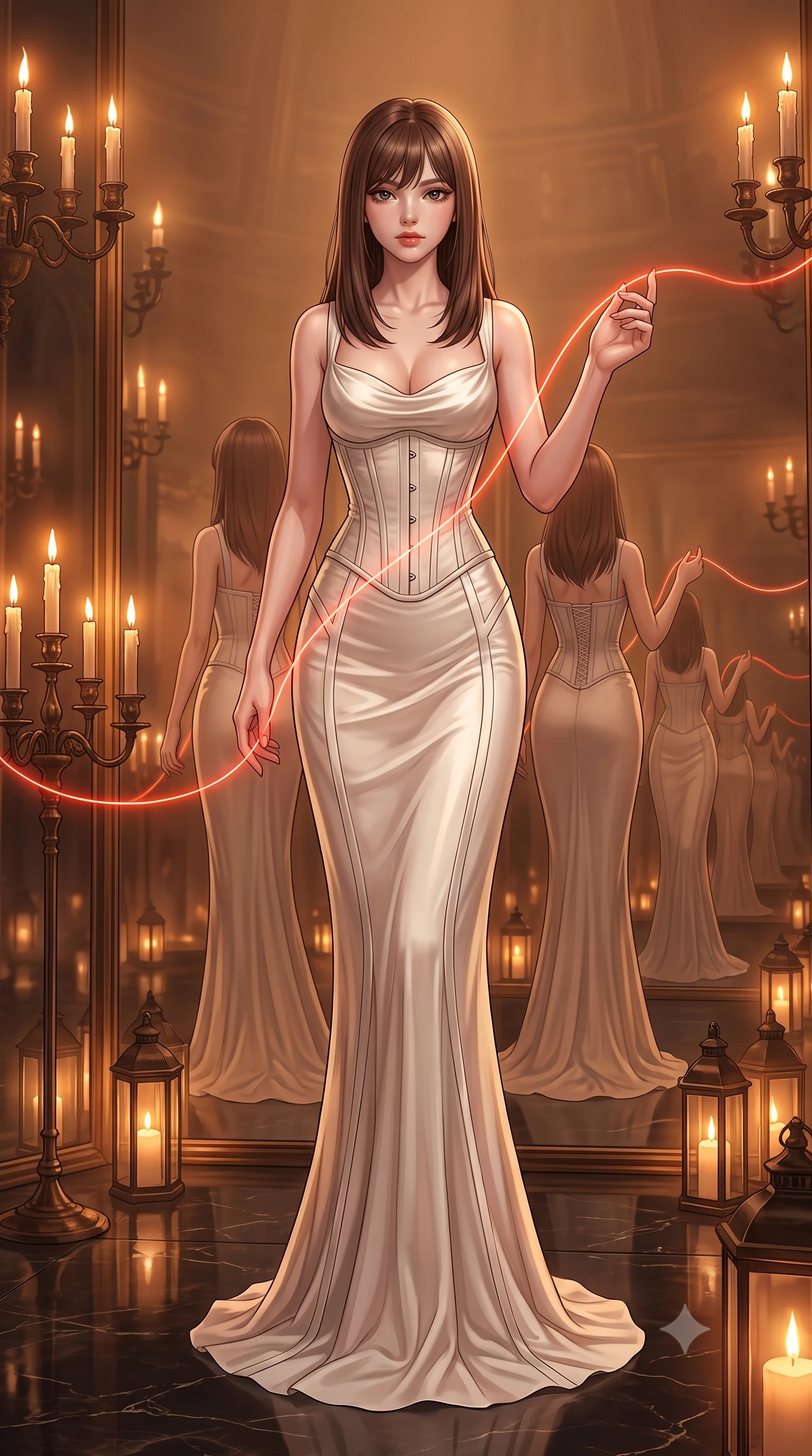 score_9, masterpiece, best quality, ultra-detailed, High-budget Anime Keyframe, East Asian woman. Dynamic full-body shot stretching the vertical silhouette to the limit. Scenario 520: tracing a glowing red thread of fate with her fingers in a hall of mirrors reflecting infinite silhouettes in warm candlelight. Her presence is magnetic and overpowering in this high-budget anime scene. Outfit 520: a slim-fit pearl white liquid silk corset dress layered over a structured corset bodice. The clothing is designed to emphasize her exceptionally tall and slender 8-heads proportion. 8-heads proportion, towering silhouette, ultra-slim waist. sharp v-shaped jawline, intricate jewel-like eyes with depth, thick eyelashes, glossy lips. 2k, ultra detail, master piece, 9:16 ratio