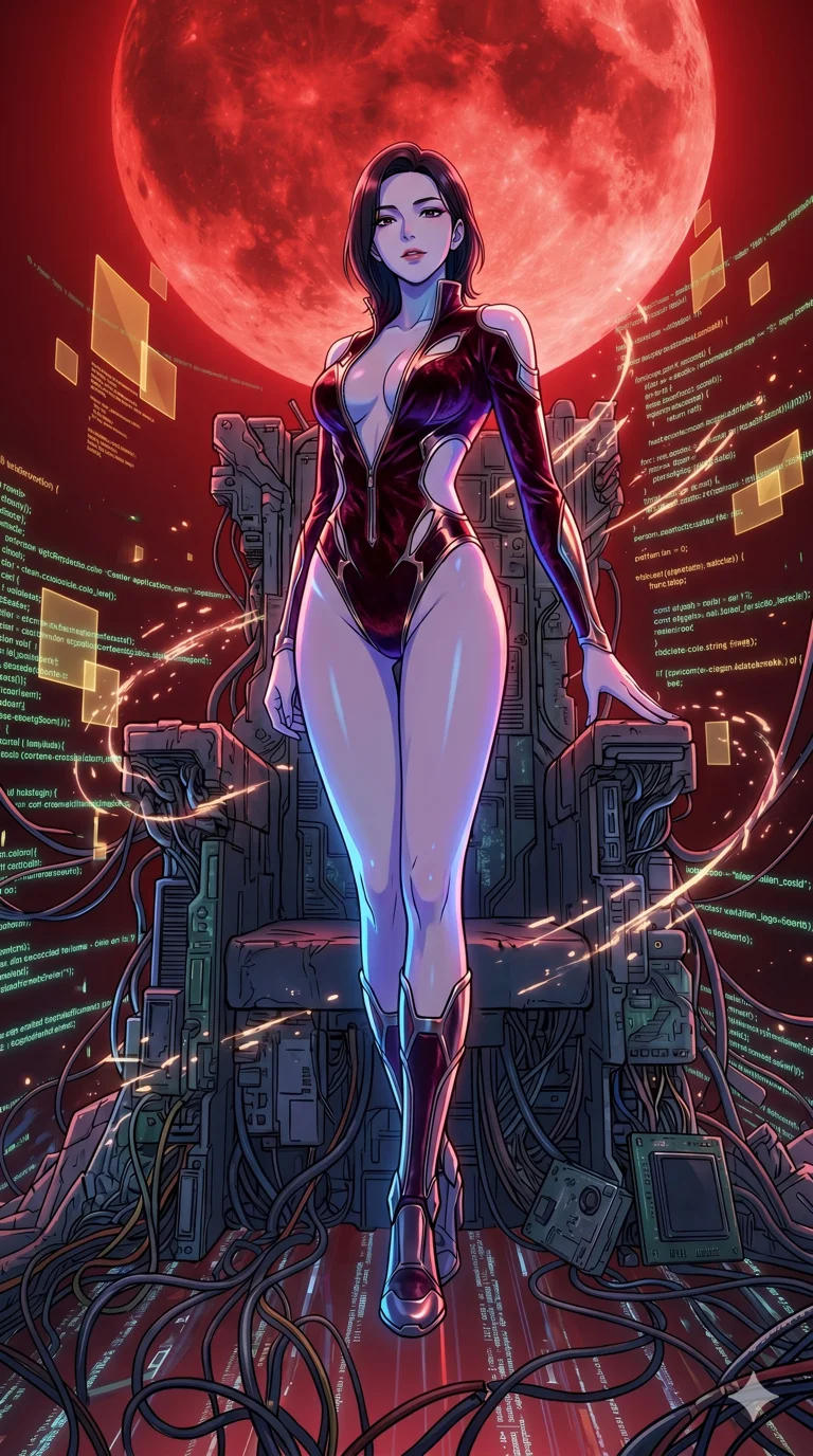 score_9, masterpiece, best quality, ultra-detailed, High-budget Anime Keyframe, vibrant colors, fluid line-art, expressive lighting, cinematic composition, Ufotable-style visual effects, top-tier animation quality, Korean woman with idol-like refined features. Wide-angle low shot emphasizing her impossibly long slender legs and commanding stature. Standing victorious on a grand throne made of calcified logic-boards and discarded cybernetics under the ominous glow of a massive blood moon. She has an absolutely perfect 8-heads proportion, an exceptionally tall and slender female figure with impossibly long slender legs and an ultra-slim waist, her statuesque height and towering silhouette dominating the vertical 9:16 frame. Her face is a masterpiece featuring a sharp v-shaped jawline, high-bridge nose, intricate jewel-like eyes with depth, thick eyelashes, and glossy lips with a natural sheen. She is wearing a Molten metal-look bodysuit with daring cut-outs and a high-cut silhouette crafted from Crushed dark velvet with a deep, rich texture that absorbs light and glows at the edges, unzipped deeply to reveal a daring glimpse of her chest and a high-cut leg line. The scene is set in an abstract digital void with floating golden geometric shapes and rivers of flowing code, illuminated by soft bioluminescent glow from the environment casting ethereal colors on her skin. 2k, ultra detail, master piece, 9:16 ratio