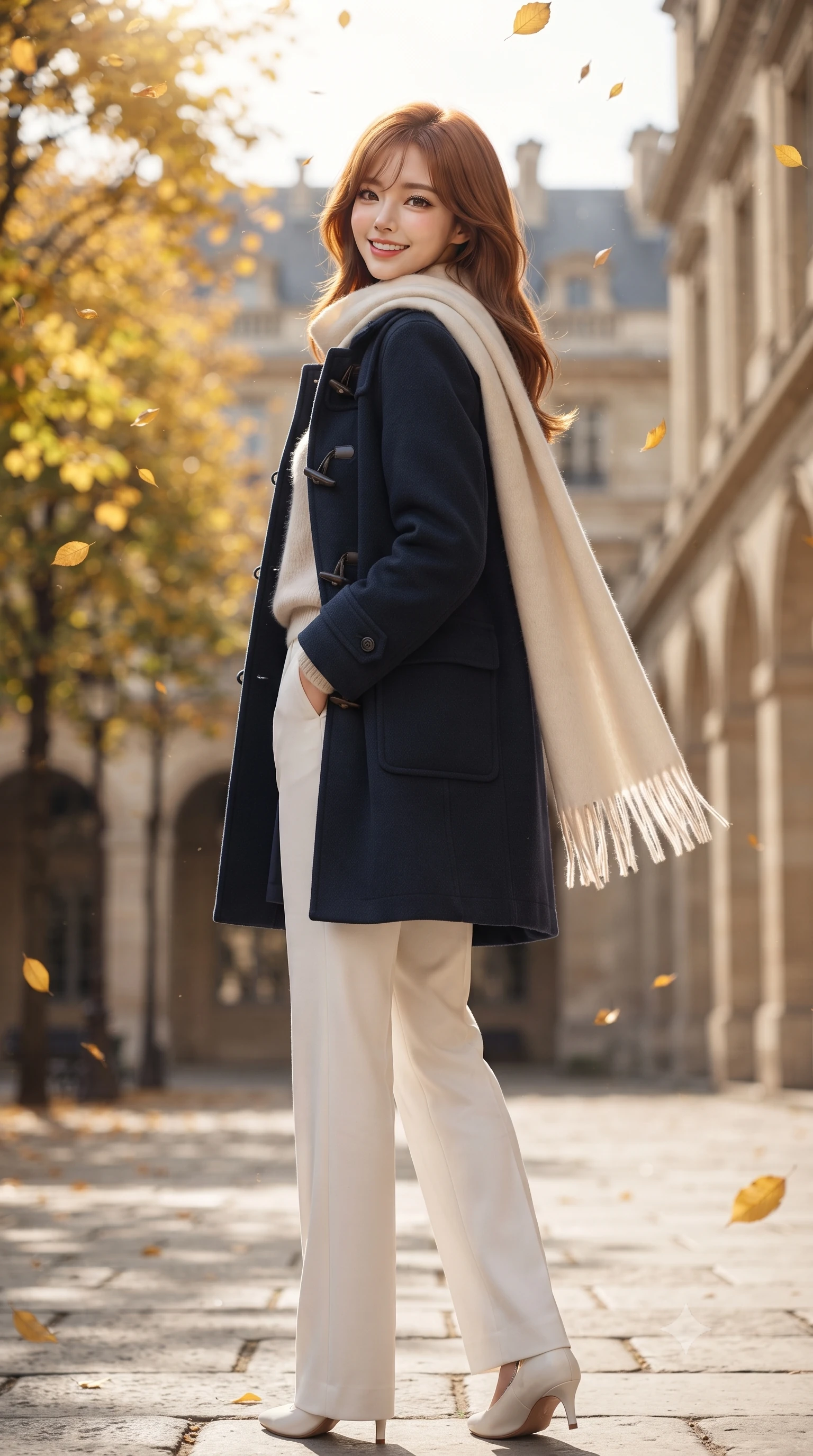 score_9, masterpiece, best quality, ultra-detailed, high-budget anime keyframe, editorial fashion photography, tasteful artistic composition, Korean woman. low angle full-body shot from head to toe showing her feet, filling the entire 9:16 vertical frame with her statuesque presence, stretching her vertical silhouette. pausing along the promenade and turning back toward the camera with an infectious, delightful smile and perfect posture while standing in the sun-dappled courtyard among golden manicured linden trees, watching autumn leaves flutter down with serene delight. The background shows a soft-focus receding rows of stone arches, golden clipped linden tree alleys, and historic palace facades blurred into sandstone, marigold, and sky grey bokeh. She has an exceptionally tall and slender model-like 8.5-heads proportion, an ultra-slim waist, a flat toned midriff, narrow delicate ribcage, and beautifully sculpted feminine hips creating a graceful, slim hourglass silhouette without any bulky heaviness, with impossibly long slender legs. sharp v-shaped jawline, high-bridge nose, intricate jewel-like sparkling eyes with depth, thick eyelashes, glossy parted lips with a natural peach sheen, bright cheerful beaming smile with an enchanting and coquettish sensual glint, exuding both youthful cute charm and seductive allure, flawlessly proportioned anatomical accuracy, strict slender model proportions, natural body alignment, perfectly sculpted long slender limbs, ultra-slim waistline, clean dynamic posture without body distortion. wearing a structured boiled-wool duffle coat with horn toggles over a soft alpaca sweater and tailored wool slacks in French navy blue and crisp alabaster white, tailored from heritage British Harris Tweed with rich multi-tonal yarn weave, accented with a wide brushed cashmere fringe scarf draped elegantly over one shoulder, the expertly draped wool fabric falling in crisp fluid lines along her tall 8.5-heads silhouette, celebrating her slender frame without excess fabric bulk. bathed in rhythmic alternating pools of bright autumn afternoon sun and soft shaded stone arcade ambient light. ultra-reflective glossy finish, specular highlights, rich textural contrasts, high-contrast stereoscopic depth, volumetric dynamic lighting, 2k, ultra detail, master piece, 9:16 ratio