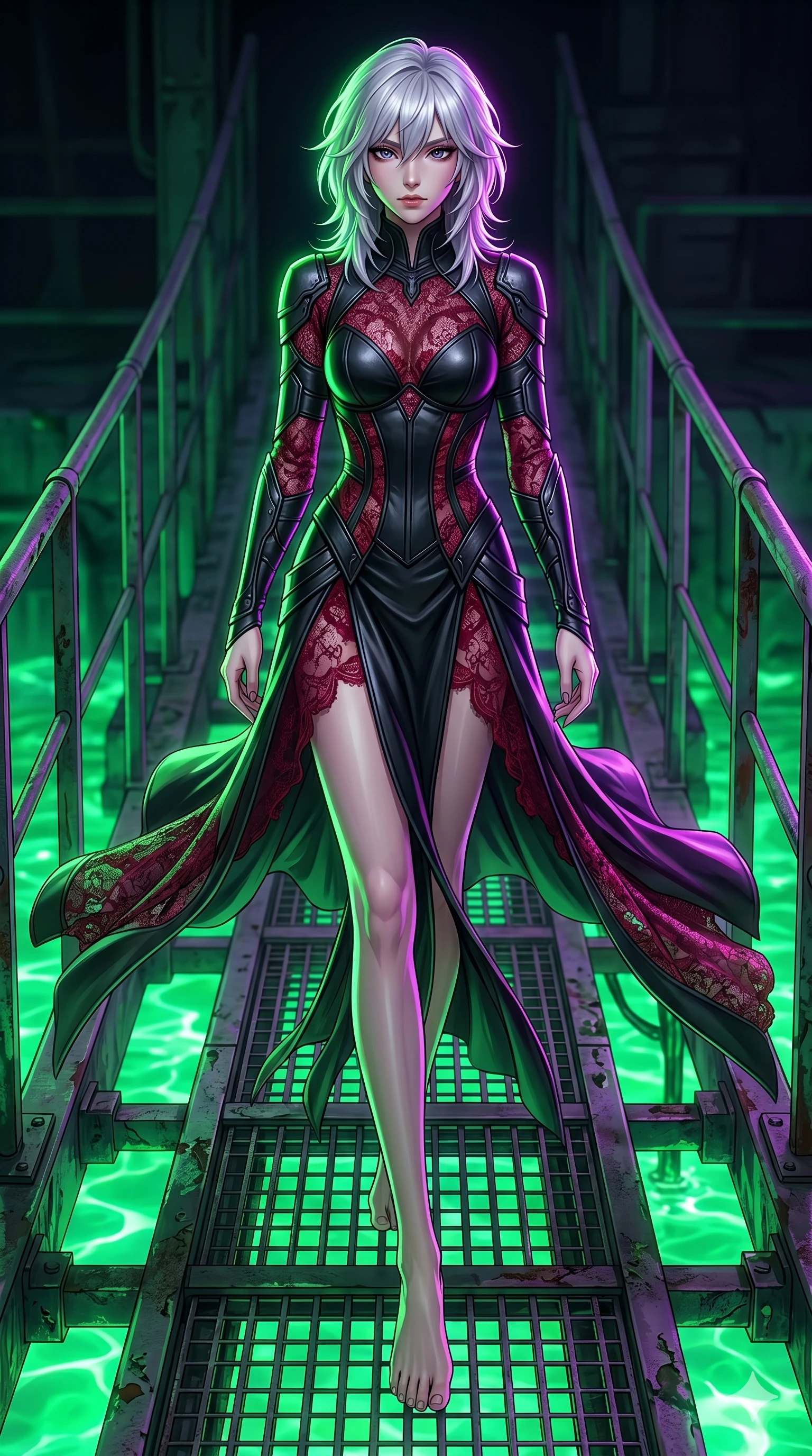 score_9, masterpiece, best quality, ultra-detailed, high-budget anime keyframe, editorial fashion photography, tasteful artistic composition, Japanese woman. low angle full-body shot from head to toe showing her feet, filling the entire 9:16 vertical frame with her statuesque presence, stretching her vertical silhouette. Gliding across the floor with a smooth, effortless step, her garments trailing behind on a metal bridge spanning a river of glowing green coolant fluid. She has an absolutely perfect 8-heads proportion, an exceptionally tall and slender female figure with impossibly long slender legs and an ultra-slim waist. V-shaped jawline, high-bridge nose, intricate jewel-like eyes with depth, thick eyelashes, glossy lips with a natural sheen. wearing a floor-length cyber-gothic gown combining matte black leather panels with semi-opaque crimson lace. under twin neon green and purple rim lights that trace her silhouette with intense color lines. 2k, ultra detail, master piece, 9:16 ratio