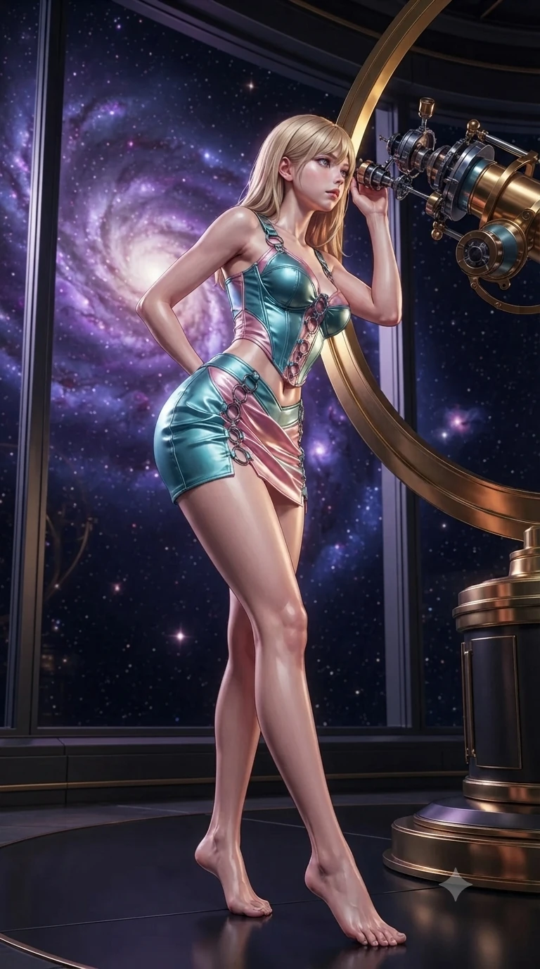 score_9, masterpiece, best quality, ultra-detailed, high-budget anime keyframe, editorial fashion photography, tasteful artistic composition, Japanese woman. low angle full-body shot from head to toe showing her feet, filling the entire 9:16 vertical frame with her statuesque presence, stretching her vertical silhouette. posing in a classic haute-couture S-curve stance beside the floor-to-ceiling window, looking over a bare shoulder with magnetic presence while leaning against the polished brass equatorial ring with hips cocked back, looking through celestial gear trains at the purple galaxy nebula with heavy-lidded bedroom-eyes. The surrounding environment is rendered in vivid detail and crisp panoramic clarity: detailed garment tailoring, metallic hardware accents, and monumental Renaissance astronomical engineering in high resolution. She has an exceptionally tall and slender model-like 8.5-heads proportion, an ultra-slim waist, a flat toned midriff, narrow delicate ribcage, and beautifully sculpted feminine hips creating a graceful, slim hourglass silhouette without any bulky heaviness, with impossibly long slender legs. sharp v-shaped jawline, high-bridge nose, intricate jewel-like sparkling eyes with depth, thick eyelashes, glossy parted lips with a natural peach sheen, bright cheerful beaming smile with an enchanting and coquettish sensual glint, exuding both youthful cute charm and seductive allure, flawlessly proportioned anatomical accuracy, strict slender model proportions, natural body alignment, perfectly sculpted long slender limbs, ultra-slim waistline, clean dynamic posture without body distortion. wearing a sculpted satin underwire crop corset with lace-up side ties paired with a low-rise micro skirt in subterranean lagoon turquoise and lotus blossom pink, adorned with delicate chrome ring hardware and cutouts along her slender waist, accented with a chrome-drop body harness subtly framing her dewy collarbones and spine, the second-skin tailored fabric adhering flawlessly to her sculpted flat midriff and slender torso, emphasizing her long leg lines and perfectly proportioned willowy build. illuminated by polished brass reflection bounce and sharp starlight-gold rim lights defining her razor-sharp jawline, narrow waist, and curvy hips. ultra-reflective glossy finish, specular highlights, rich textural contrasts, high-contrast stereoscopic depth, volumetric dynamic lighting, 2k, ultra detail, master piece, 9:16 ratio