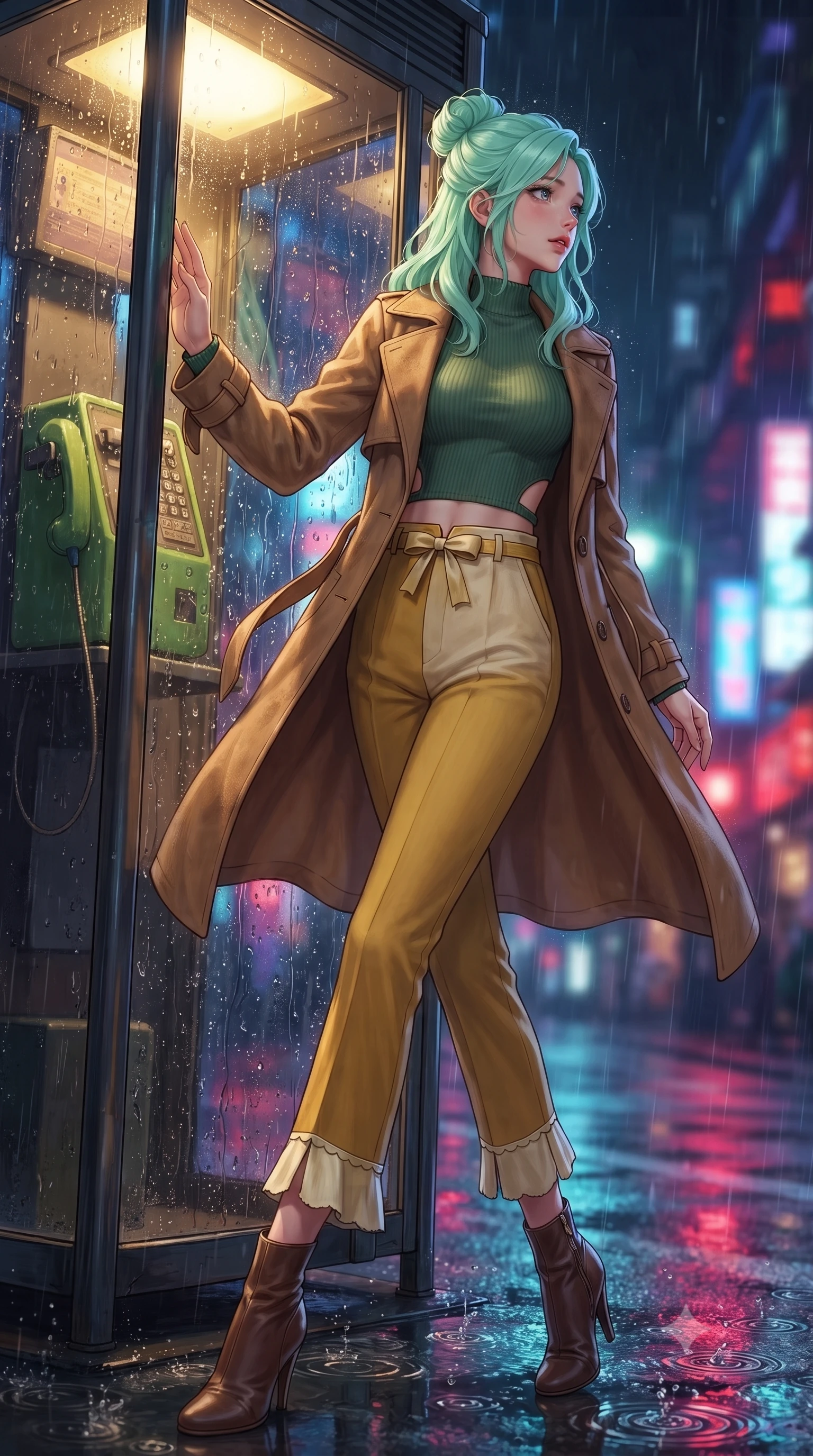 score_9, masterpiece, best quality, ultra-detailed, high-budget anime keyframe, editorial fashion photography, tasteful artistic composition, Japanese woman. low angle full-body shot from head to toe showing her feet, filling the entire 9:16 vertical frame with her statuesque presence, stretching her vertical silhouette. pivoting dynamically with supreme athletic balance and poise, her impossibly long slender legs creating a breathtaking line while pressing her palm lightly against the rain-streaked glass, gazing out into the neon-lit street with wistful, romantic eyes. The composition keeps background elements in soft focus with creamy bokeh. refracted telephone booth light rays and splashing puddle ripples scattering shimmering light motes. She has an absolutely perfect, statuesque 8.5-heads proportion, an exceptionally tall and slender model-like female figure with impossibly long slender legs, a toned flat midriff, and an ultra-slim waist. sharp v-shaped jawline, high-bridge nose, intricate jewel-like eyes with depth, thick eyelashes, glossy lips with a natural sheen, captivating and magnetic expression, flawlessly proportioned anatomical accuracy, strict slender model proportions, natural body alignment, perfectly sculpted long slender limbs, ultra-slim waistline, clean dynamic posture without body distortion. wearing a stylish retro suede trench coat over a fitted mock-neck knit top and high-waist tailored slacks in forest green, cream, and mustard yellow, woven from soft breathable linen that flutters gently with every step, finished with a dainty waist ribbon bow and scalloped hemline trims, the precision-cut daring openings accentuating her delicate midriff, graceful bare collarbones, and ultra-slim feminine waistline. bathed in cozy yellow interior phone booth lamp light contrasting with cool neon street reflections outside. ultra-reflective glossy finish, specular highlights, rich textural contrasts, high-contrast stereoscopic depth, volumetric dynamic lighting, 2k, ultra detail, master piece, 9:16 ratio