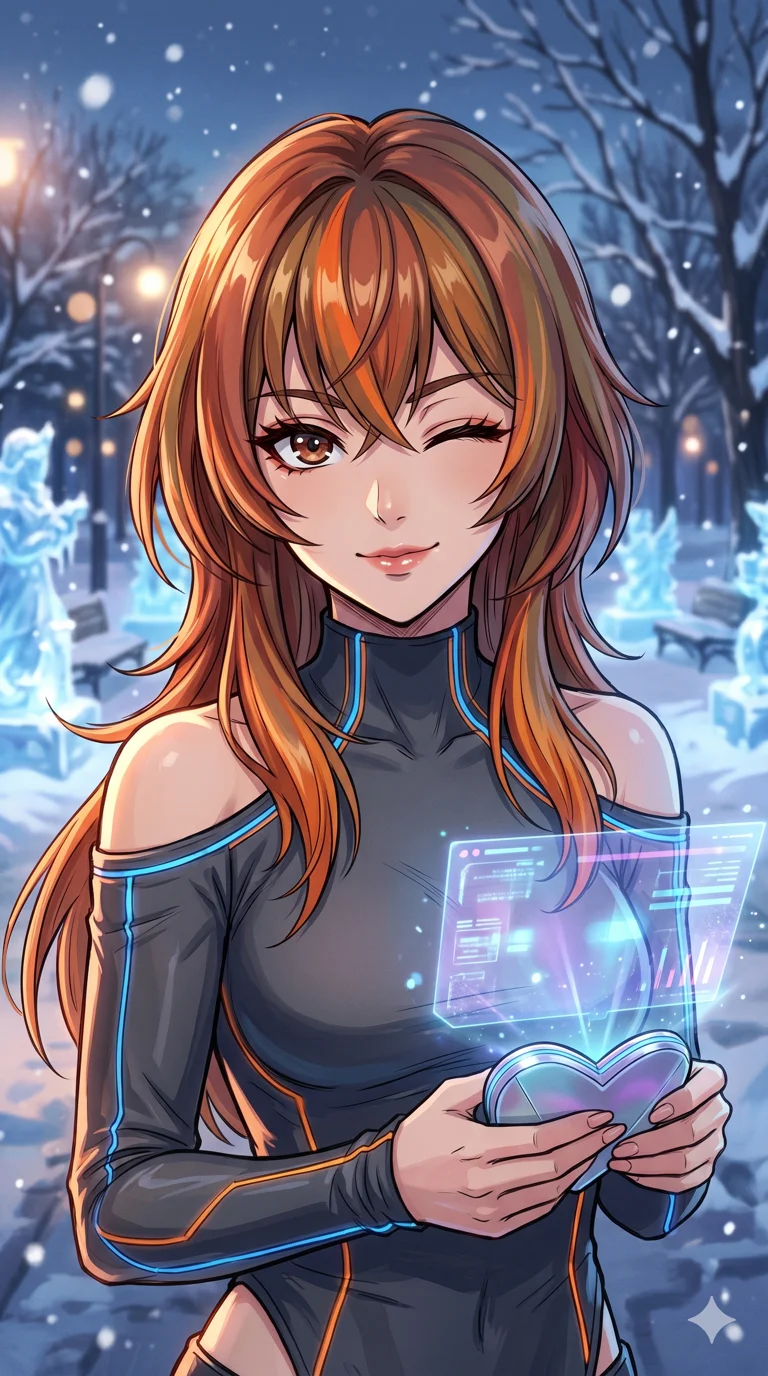 score_9, masterpiece, best quality, ultra-detailed, high-budget anime keyframe, vibrant colors and expressive line art, an incredibly beautiful Japanese woman. Medium shot of upper body focusing on her alluring and cute features and her autumn-forest hair with rich copper, earthy brown, and vibrant orange layers, filling the vertical 9:16 frame. She is winking playfully while holding a heart-shaped holographic device. She has a sharp v-shaped jawline, high-bridge nose, intricate jewel-like eyes, thick eyelashes, and glossy lips. She possesses an absolutely perfect 8-heads proportion and a slim-fit silhouette. She is wearing a tight-fitting off-shoulder tech-wear top with glowing fiber-optic seams, highlighting her alluring silhouette. a serene snowy park with glowing blue ice sculptures, dramatic rim lighting, cinematic shadows, 2k, ultra detail, master piece, 9:16 ratio
