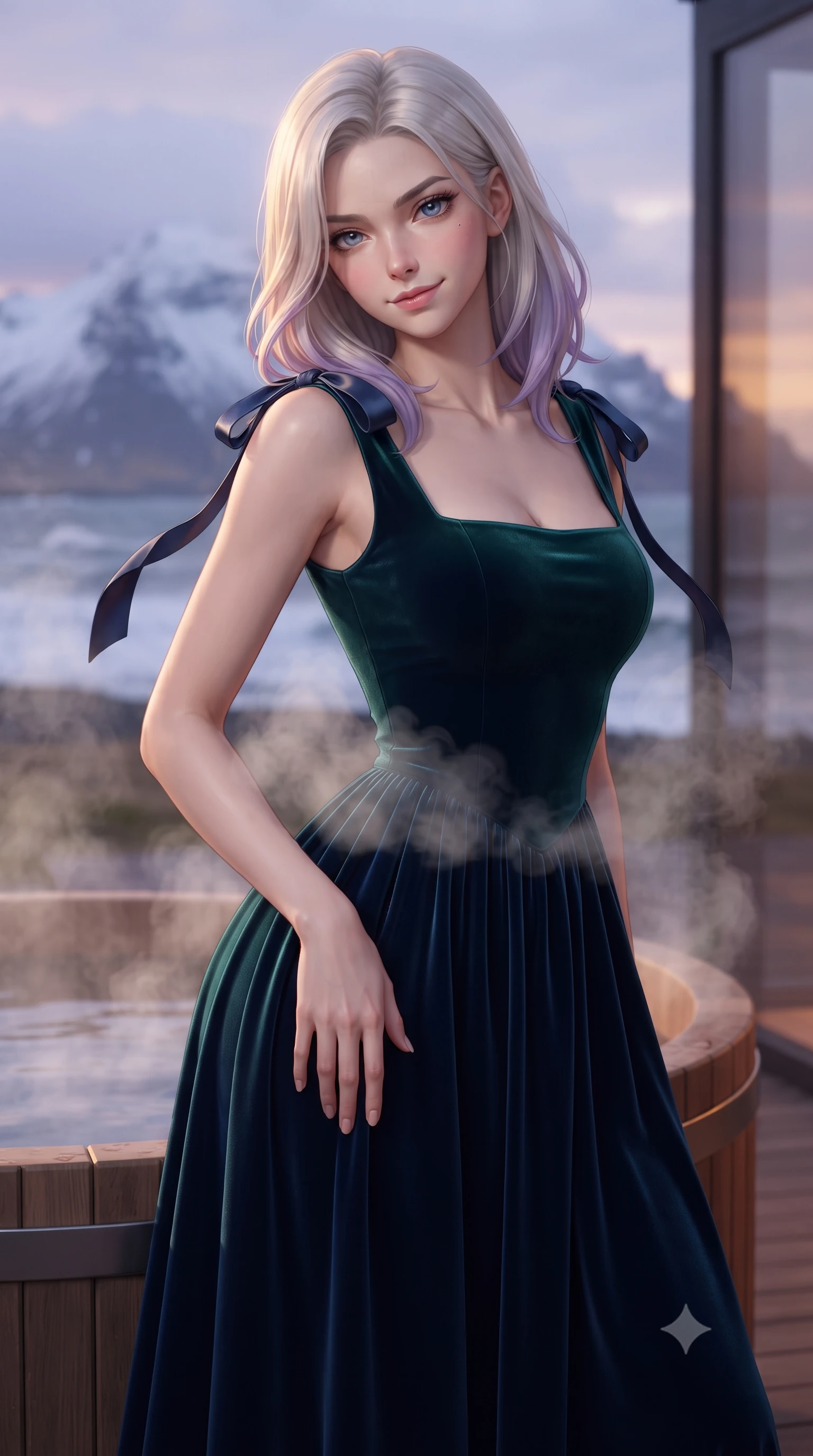 score_9, masterpiece, best quality, ultra-detailed, high-budget anime keyframe, editorial fashion photography, tasteful artistic composition, Caucasian woman. close-up cowboy shot from the waist and thighs up, the character dominates the composition, filling the frame with her large presence. tilting her head with a teasing half-smile, running one hand slowly down the side of her hip in a flirtatious S-curve as ambient light caresses her silhouette while twisting her slender torso in an alluring S-curve beside the heated cedar hot tub, rising pine-scented steam wrapping around her flat midriff and hips. The background shows a soft-focus snow-capped volcanic glacier peak of Snæfellsjökull under midnight sun pastel clouds, pounding Arctic ocean waves, blurred into rose, lavender, and obsidian bokeh. She has an exceptionally elegant, slender, and willowy female figure with an ultra-slim waist, flat toned midriff, narrow ribcage, and sculpted feminine hips creating an alluring, slim hourglass silhouette without bulk. sharp v-shaped jawline, high-bridge nose, intricate jewel-like sparkling eyes with depth, thick eyelashes, glossy parted lips with a natural peach sheen, bright cheerful beaming smile with an enchanting and coquettish sensual glint, exuding both youthful cute charm and seductive allure, flawlessly proportioned anatomical accuracy, strict slender model proportions, natural body alignment, perfectly sculpted long slender limbs, ultra-slim waistline, clean dynamic posture without body distortion. wearing a classical Habsburg empire-line pleated velvet evening gown with modest square neckline in Lake Tegernsee emerald glass and royal Bavarian navy, tailored from ultra-plush silk velvet with rich tactile depth and deep shadow gradients, finished with satin ribbon ties at the shoulders fluttering in the gentle breeze, the impeccably tailored cut draping gracefully along her slender figure with aristocratic poise. bathed in warm 2200K interior sauna amber glows spilling through glass mixed with cool Arctic twilight. ultra-reflective glossy finish, specular highlights, rich textural contrasts, high-contrast stereoscopic depth, volumetric dynamic lighting, 2k, ultra detail, master piece, 9:16 ratio