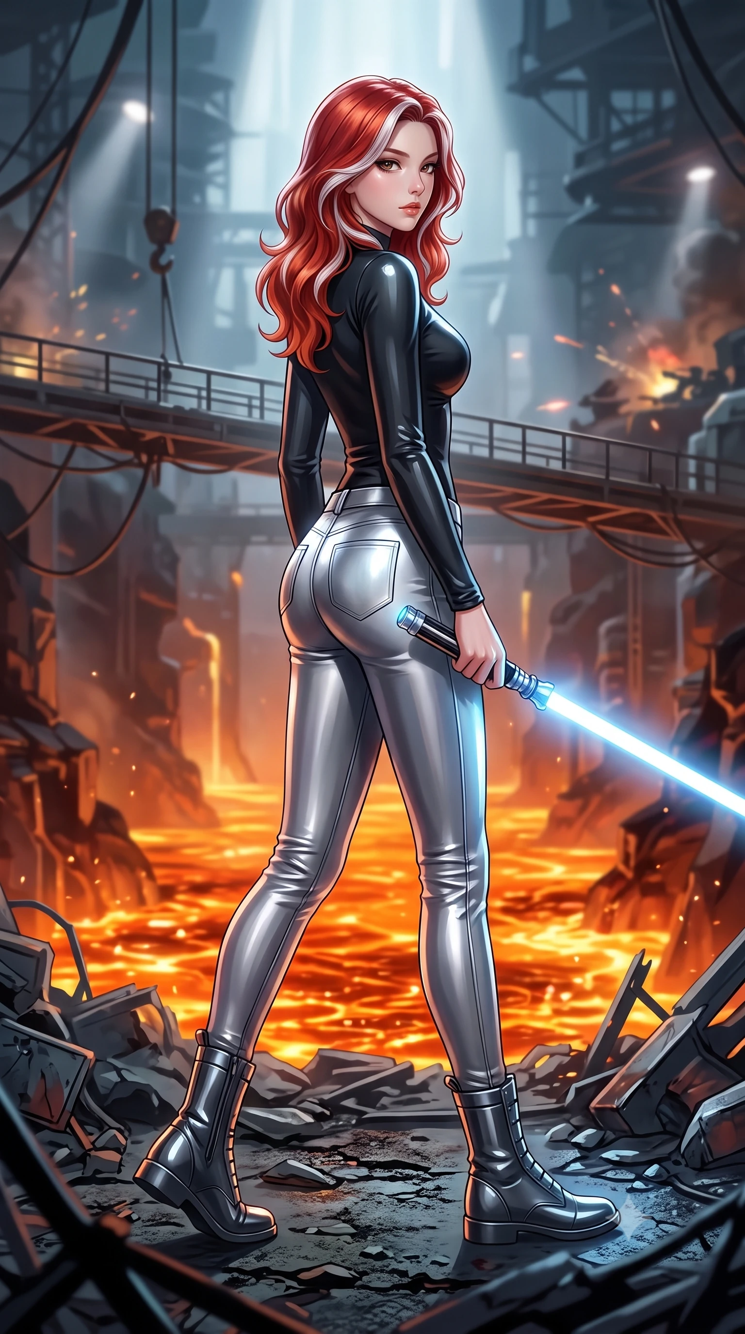 score_9, masterpiece, best quality, ultra-detailed, high-budget anime keyframe, editorial fashion photography, tasteful artistic composition, Caucasian woman. low angle full-body shot from head to toe showing her feet, filling the entire 9:16 vertical frame with her statuesque presence, stretching her vertical silhouette. stepping gracefully through battlefield debris with a glowing saber hilt in hand, looking back over her shoulder, the background shows a soft-focus a reef maintenance catwalk suspended over a deep chasm of liquid metal. She has an absolutely perfect, statuesque 8.5-heads proportion, an exceptionally tall and slender model-like female figure with impossibly long slender legs and an ultra-slim waist. sharp v-shaped jawline, high-bridge nose, intricate jewel-like eyes with depth, thick eyelashes, glossy lips with a natural sheen. wearing a slim-fit body-hugging long-sleeve combat top in carbon-black, tucked into tight-fitting metallic silver skinny pants. focused white spotlights highlighting the glossy textures of her sleek outfit. highly saturated vibrant anime colors, detailed shading with soft gradients, rich glossy textures, high-contrast stereoscopic depth, volumetric dynamic lighting, master piece, 9:16 ratio