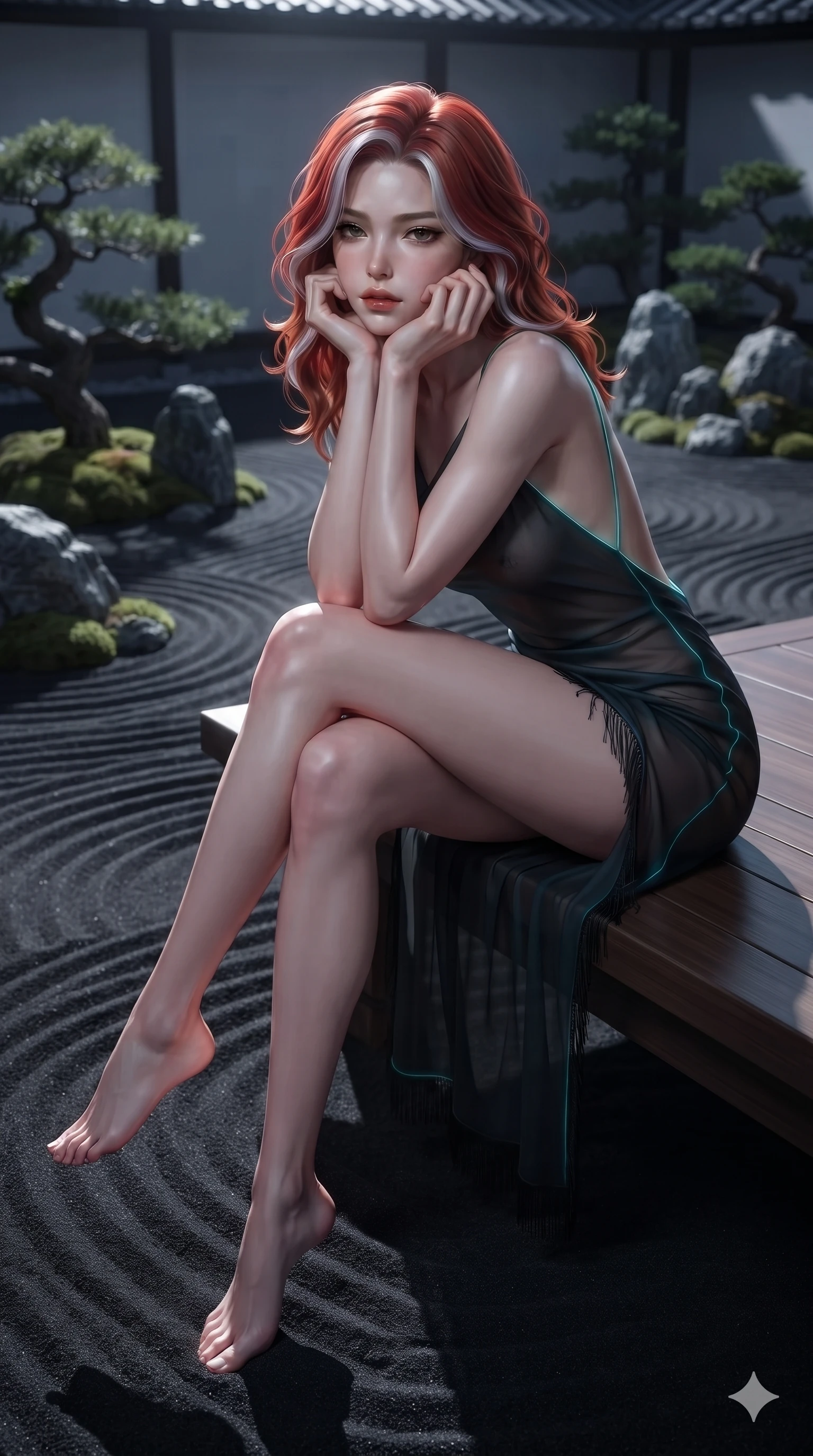 score_9, masterpiece, best quality, ultra-detailed, high-budget anime keyframe, editorial fashion photography, tasteful artistic composition, Caucasian woman. close-up cowboy shot from the waist and thighs up, the character dominates the composition, filling the frame with her large presence. resting her chin on the backs of her fingers with an air of effortless superiority and parted glossy lips while sitting poised on the polished wooden veranda edge with legs dangling over the dark sand ripples, casting an intoxicating, heavy-lidded gaze. The background shows a soft-focus monastic zen dry garden at midnight softened in contemplative shallow focus. She has an exceptionally elegant, slender, and willowy female figure with an ultra-slim waist, flat toned midriff, narrow ribcage, and sculpted feminine hips creating an alluring, slim hourglass silhouette without bulk. sharp v-shaped jawline, high-bridge nose, intricate jewel-like dark sparkling eyes with hypnotic seductive depth, thick curled eyelashes, glossy parted lips with a natural wine sheen, alluring bedroom-eyes with an enigmatic smoldering smile, exuding magnetic sovereign charisma and dark avant-garde glamour, flawlessly proportioned anatomical accuracy, strict slender model proportions, natural body alignment, perfectly sculpted long slender limbs, ultra-slim waistline, clean dynamic posture without body distortion. wearing a form-contouring gossamer silk chiffon slip dress with hip-high slit and open cowl back clinging with mist in neon cyan edge-glow and dark carbon black, made of sheer gossamer chiffon that drapes softly against skin with airy translucence, finished with delicate jet-black micro-fringe fluttering softly along her hips with each step, contouring every curve with an exceptionally elegant silhouette and captivating allure. bathed in the blinding, crisp 5500K silver light of the full moon casting razor-sharp shadows across the black sand. ultra-reflective glossy finish, specular highlights, metallic sheen, high-contrast stereoscopic depth, volumetric dynamic lighting, 2k, ultra detail, master piece, 9:16 ratio