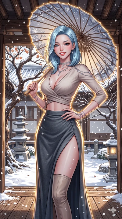 score_9, masterpiece, best quality, ultra-detailed, high-budget anime keyframe, vibrant anime aesthetic, Korean woman. cowboy shot from the thighs up, character and outfit filling the frame for maximum presence. She is holding a parasol with a bright