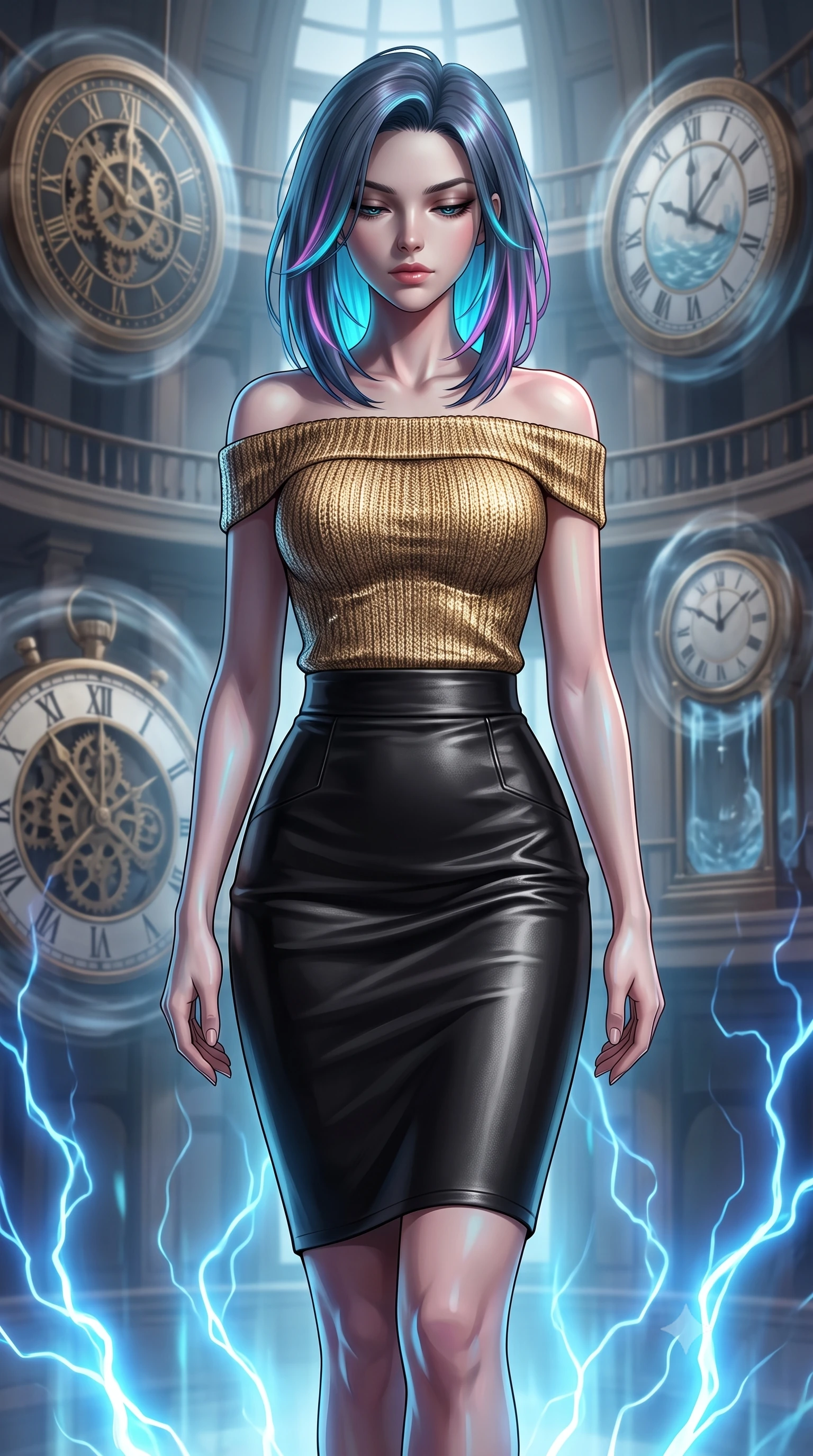 score_9, masterpiece, best quality, ultra-detailed, high-budget anime keyframe, editorial fashion photography, tasteful artistic composition, Caucasian woman, strictly human ears. close-up cowboy shot from the waist and thighs up, the character dominates the composition, filling the frame with her large presence, background elements kept in soft focus. Looking down with lowered lashes and a composed powerful expression. set against a soft-focus background of inside a tower where time flows at different rates on each level massive ornate clocks running at visibly different speeds with temporal distortion creating ghostly motion-blur halos around objects caught between time streams. She has an exceptionally elegant and slender, willowy female figure with an ultra-slim waist, a gracefully sculpted slender torso, and a refined slim physique. sharp v-shaped jawline, high-bridge nose, intricate jewel-like eyes with depth, thick eyelashes, glossy lips with a natural sheen. wearing an off-shoulder gold metallic knit top, paired with a high-waisted black leather pencil skirt. pulsing electric blue plasma arc lighting rising dramatically from below. 2k, ultra detail, master piece, 9:16 ratio