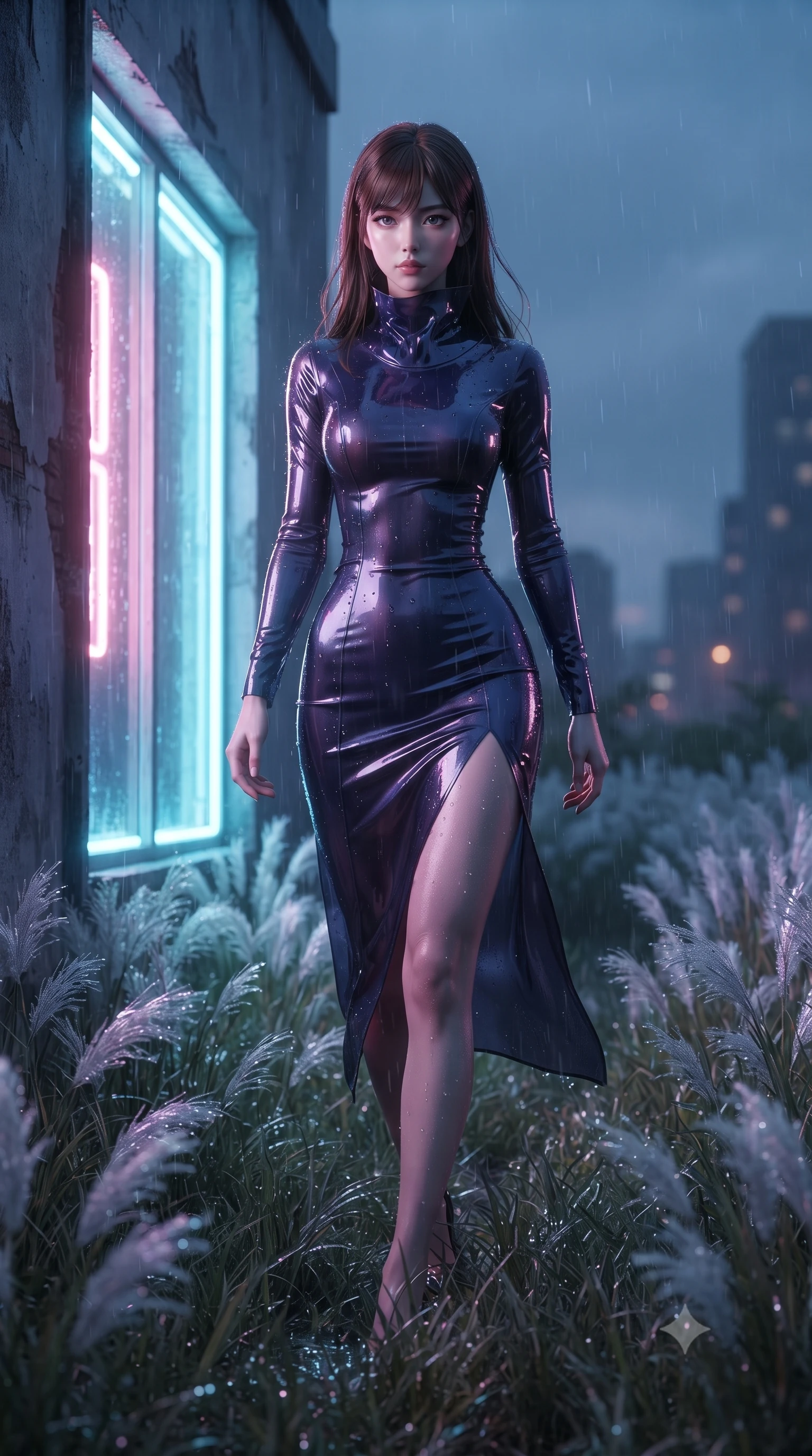 score_9, masterpiece, best quality, ultra-detailed, High-budget Anime Keyframe, editorial fashion photography, tasteful artistic composition, realistic cosplay photography, East Asian woman. Dynamic full-body shot stretching the vertical silhouette to the limit. Scenario 392: walking through a field of tall silver grass at a glowing neon window at twilight with soft rain falling. Her presence is magnetic and overpowering in this high-budget cinematic scene. Outfit 392: a body-hugging translucent PVC liquid with a thigh-high slit and wet-look texture. The clothing is designed to emphasize her exceptionally tall and slender 8-heads proportion. 8-heads proportion, towering silhouette, ultra-slim waist. sharp v-shaped jawline, intricate jewel-like eyes with depth, thick eyelashes, glossy lips. ultra-reflective glossy finish, specular highlights, metallic sheen, high-contrast stereoscopic depth, volumetric dynamic lighting, 2k, ultra detail, master piece, 9:16 ratio